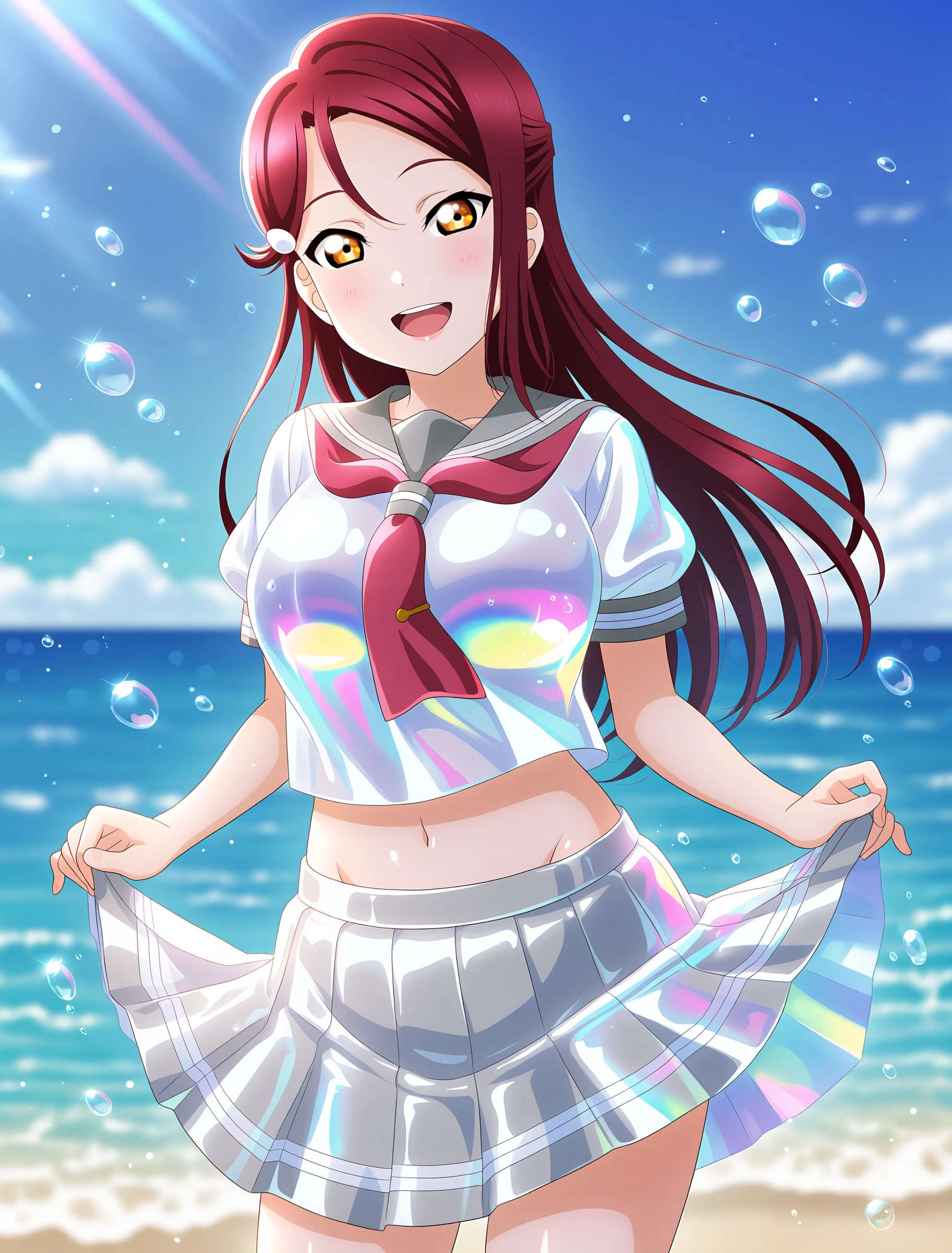 <lora:Koto-Umi-Riko-Shizu-Setsu-LLAS-IllustriousXLV01-V1:0.5> <lora:Koto-Umi-Riko-Shizu-Setsu-LLAS-NoobAIXLV11-V1:0.5> <lora:sdxl-boldline:-0.8> <lora:il_saturation_slider_d1:-0.3>
<lora:Shiny-Clothes-IllustriousXLV01-V1:0.8>
(llas:1.4), (masterpiece, very aesthetic, absurdres, very awa:1.2), best quality, highres, newest, perfect anatomy, perfect lighting, anime coloring, anime screenshot BREAK
(sparkle, light particles:0.8), light rays, (depth of field, blurry background:1.4) BREAK
1girl, solo, looking at viewer, cowboy shot BREAK
sakurauchi riko BREAK
big pupils, (detailed eyes:1.2), huge breasts, lips, :d, upper teeth only BREAK
(shiny clothes:1.2), (glowing clothes, reflective clothes, holographic clothing, iridescent:1.1), latex BREAK
(urasum, uranohoshi summer uniform:1.2), short sleeves, white serafuku, grey skirt, navel, midriff, groin, hip bones BREAK
skirt hold, ocean, beach, white sand, (water drop, bubble:1.2), (blue sky, sky:1.2), (blue background)