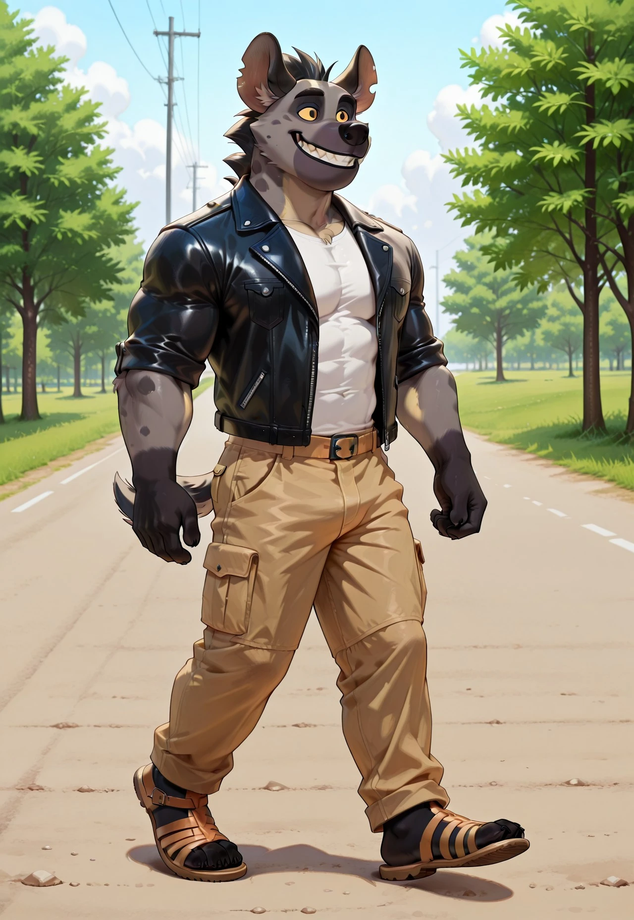 score_9, score_8_up, score_7_up, (best quality), ultra-detailed, high resolution, 8k, masterpiece, best quality, amazing quality, solo, 1boy, male, anthro, Chungu, hyena boy, furry male, bara, big mouth, big black nose, yellow sclera, dark grey spotted fur, short tail, athletic, toned arms, strong arms, strong legs, black hands, black feet, walking in the park, smiling, leather jacket, cargo pants, fency leather sandals, nice furry feet, plantigrade, greeksandals, brown sandals, looking forward