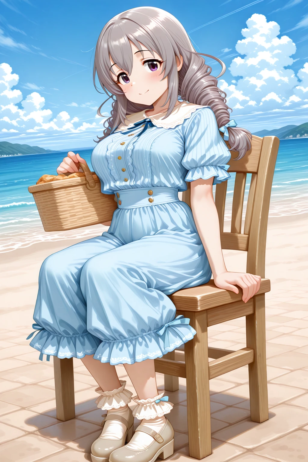 masterpiece, best quality, amazing quality, 1girl, solo, makeup, general, full body, looking at viewer, blush, dramatic angle, from front, smile, outdoors, seaside, sit on chair, sky, cloud, summer, holding basket, sitting, <lora:Sakakibara_Satomi_Cinderella:1>, Sakakibara_Satomi_Cinderella, long hair, grey hair, large breasts, twintails, purple eyes, twin braids, twin drills, bow, hair bow, ribbon, hair between eyes, <lora:Antique_Striped_Blouse_Bloomer_Pant_Outfit:1>, Antique_Striped_Blouse_Bloomer_Pant_Outfit, blue shirt, striped shirt, vertical-striped clothes, pants, blue bloomers, puffy short sleeves, frilled sleeves, frills, neck ribbon, blue ribbon, frilled socks, mary janes, shirt tucked in, <lora:wai-A3-V140:1>, <lora:illustrious_noobai_epsilon_pred_1_masterpieces_v1:1>