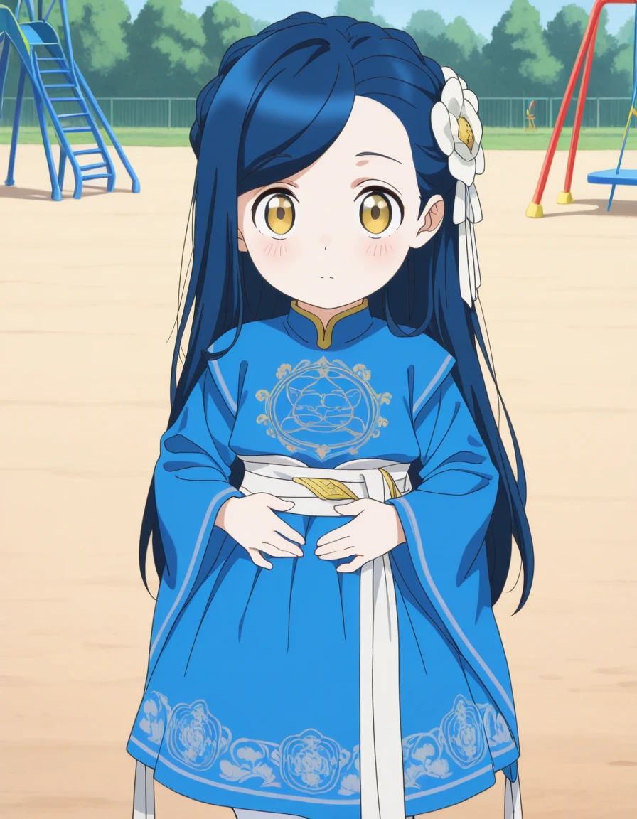 masterpiece, best quality, amazing quality,, <lora:myne-s1s2s3-v2-illustriousxl-lora-nochekaiser:1>, ddmyne, myne, long hair, skirt, long sleeves, hair ornament, ribbon, blue hair, yellow eyes, braid, hair ribbon, flower, hair flower, wide sleeves, sash, swept bangs, blue dress, chinese clothes, white ribbon, white pantyhose, blue robe, anime screencap, , hands on stomach, blush,, playground, swings, slides, outdoors, cowboy shot, solo, looking at viewer,