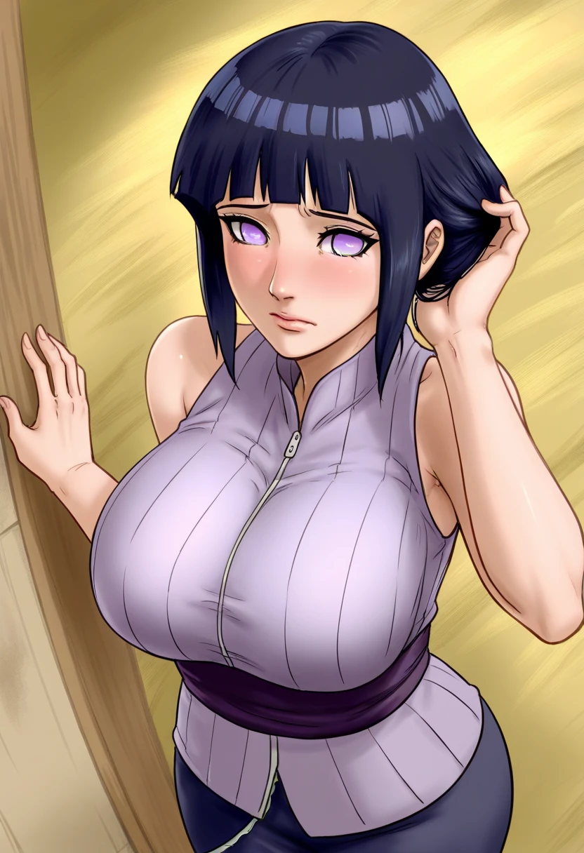 masterpiece,violet lips, violet makeup, She looks over his shoulder ,hands over head,  wide eyes, half closed eyes,surprised, puzzled, absurdres, hinata\(boruto\),Akiyama Rinko, 2girl,yuri,kiss,mature female, minidress, perfect composition, detailed lips, gigantic breast, beautiful face, body propotion, short hair,  purple eyes,  soft gaze,  super realistic, detailed, photoshoot, realistic face and body, closed violet turtleneck, (gigantic breasts: 1.1), curvy, cowboy shot, bare shoulders, seductive smile, inside, nightclub, cleavage, (gigantic breasts: 1.4),shine black tight skirt