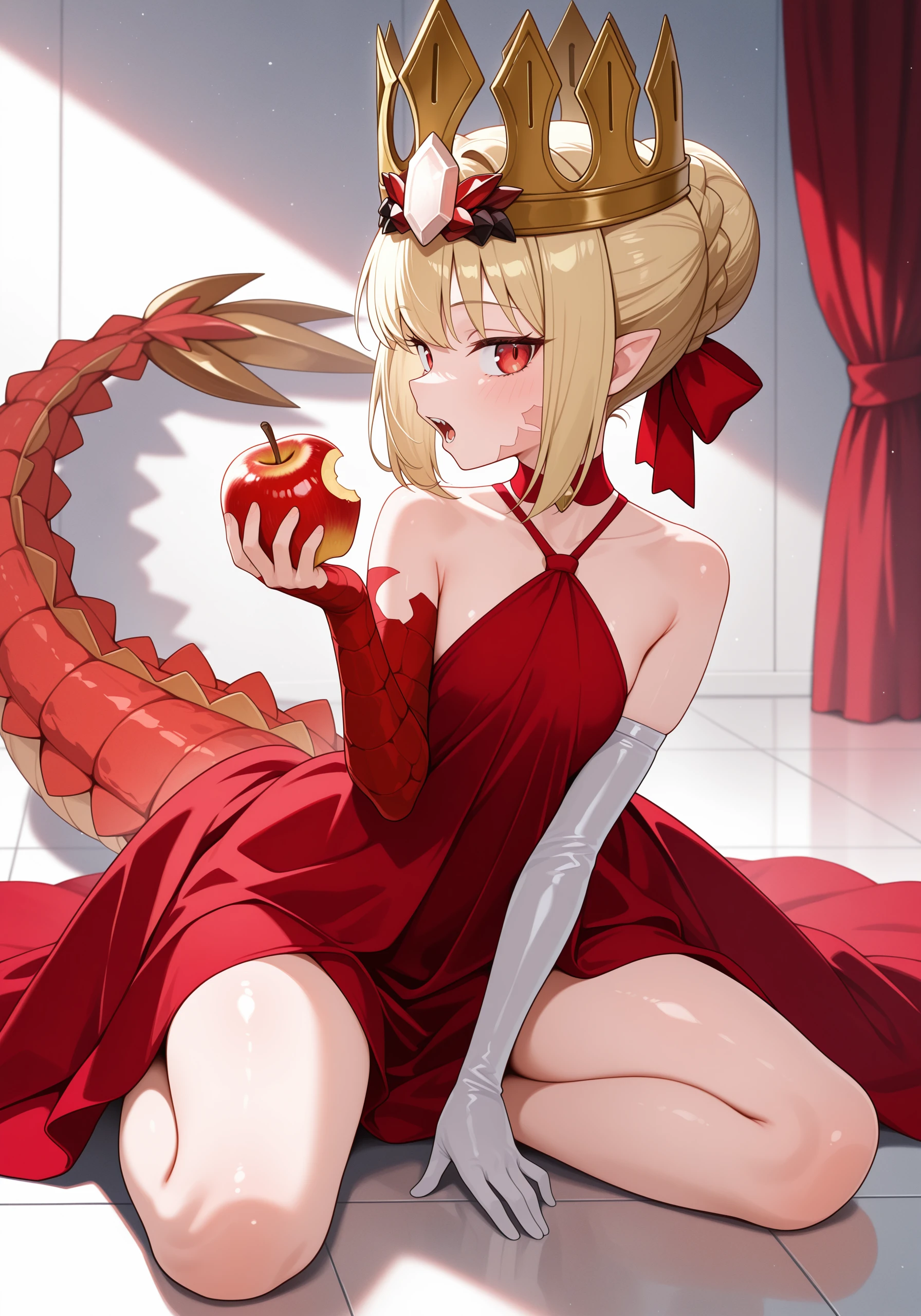 1girl, <lora:draco_v2_sn26:1>, dco_ltl, choker, hair ribbon, red dress, red arm wrap, single elbow glove, dragon tail, crown on head, looking at viewer, bare legs,
on the floor, shiny floor, white floor, red curtains, eating apple, open mouth, sideways glance,
high resolution, ultra-detailed, absurdres, masterpiece, best quality, good quality, newest