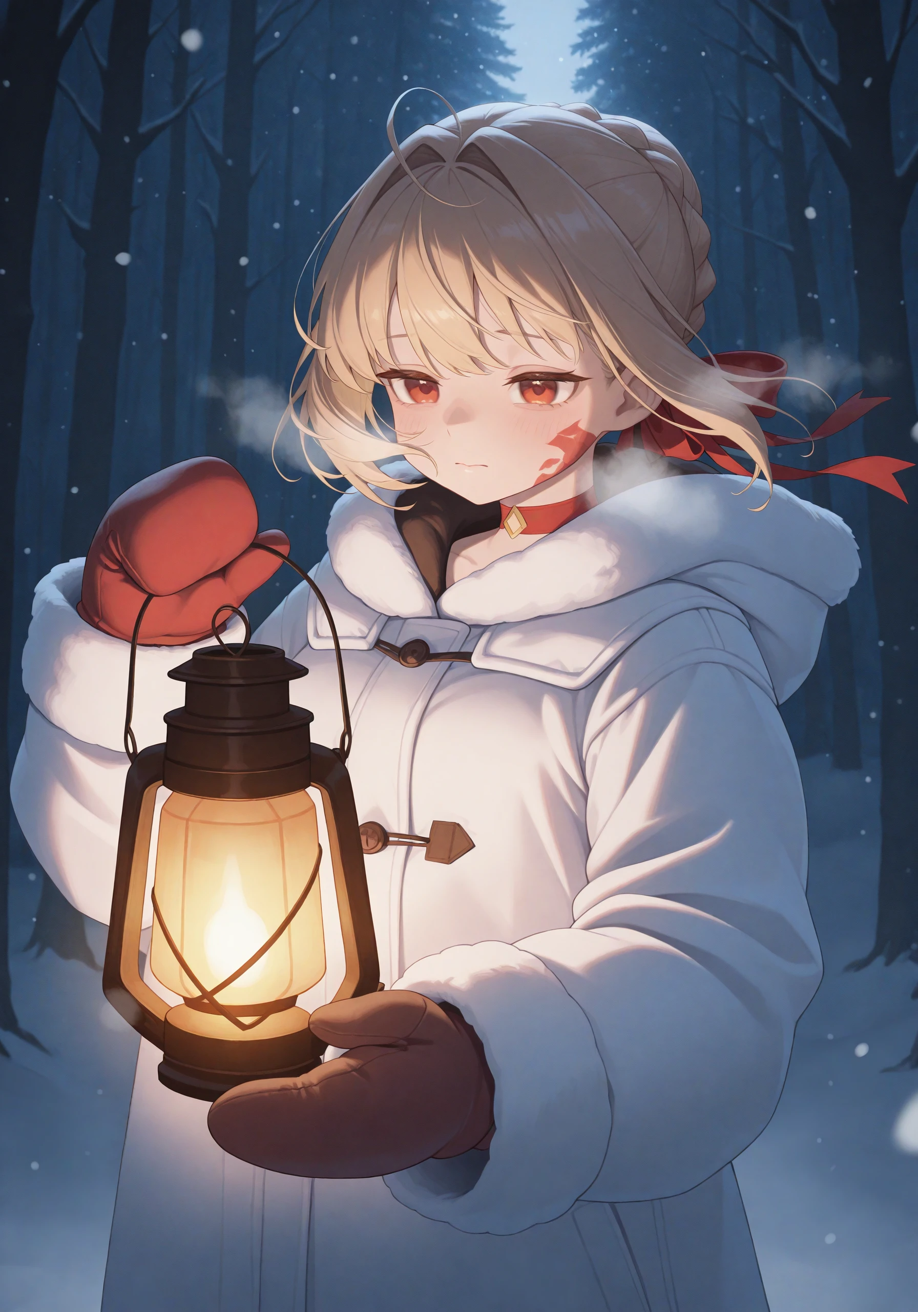 1girl, <lora:draco_v2_sn26:1>, dco_ltl, hair ribbon, choker, winter coat, white coat, mittens, snowing,
tired, baggy eyes, holding lantern, nighttime,
closed mouth, outdoors, forest, wind,
high resolution, ultra-detailed, absurdres, masterpiece, best quality, good quality, newest