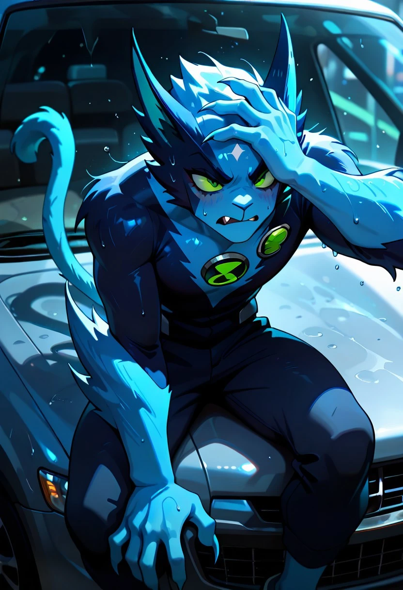 fastrack, solo, blue skin, green eyes, 1boy, claws, green badge, fang, feline tail, wide jaw, , blue , body fur, , black arms, blue hands, blue forearm,
wiping forehead, sweating, leaning on car,
,((masterpiece, best quality, amazing quality, very aesthetic, absurdres, newest, cinematic,)),