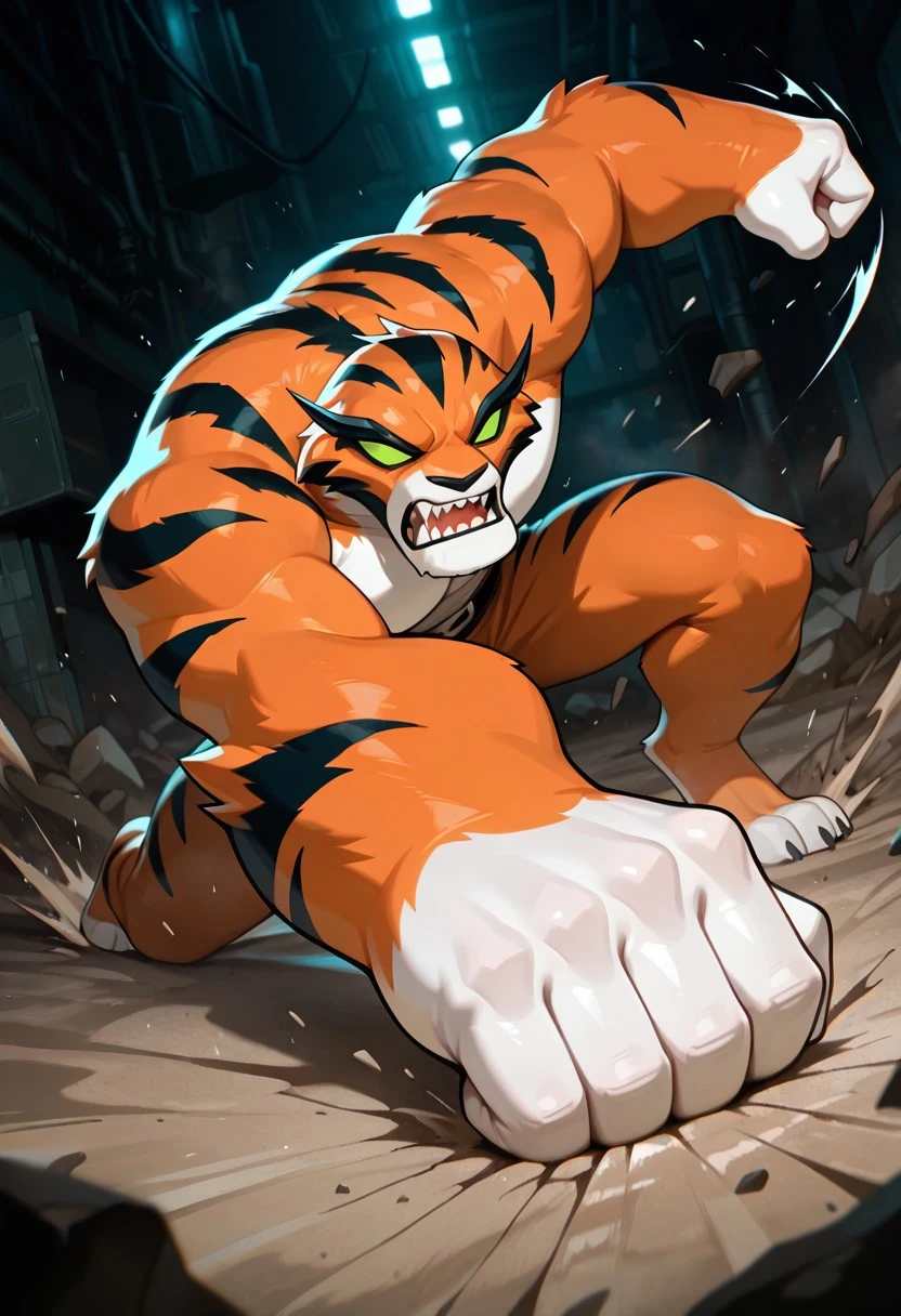 rath, furry, 1boy, green eyes, green sclera, solo, no humans, tiger strips , fangs, orange fur, sharp teeth, big arms, no pupils, big body, black eyebrows, angry,, white fingers,
punching ground, destroying ground,
,((masterpiece, best quality, amazing quality, very aesthetic, absurdres, newest, cinematic,)),