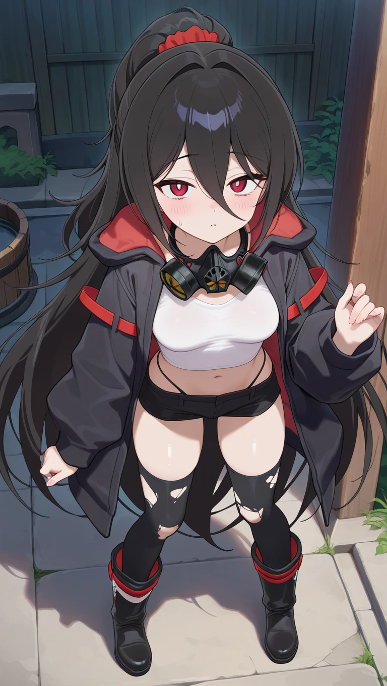 nsfw, best quality, masterpiece, highres, solo, {simple background:1.10}, {standing:1.15}, {nude:1.40}, {bondage:1.30}, completely nude, mature, {closure_arknights:1.15}, black_hair, pointy_ears, long_hair, red_eyes, bangs, hair_between_eyes, smile, upper_body, breasts, blush, two_side_up, nipples, {pussy:1.15}, {pussy juice:1.30}, looking at viewer, {embarrassed:1.10}