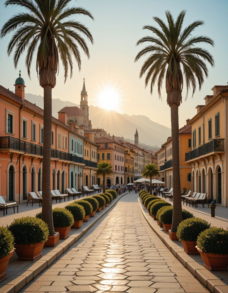 A breathtaking photograph of the coastal city of Menton, France, taken during golden hour. The colorful buildings of the old town cascade down the hillside, painted in warm pastel tones of yellow, orange, and pink. In the foreground, tall palm trees sway gently in the breeze along the Mediterranean promenade. The deep blue sea glistens under the setting sun, and the distant Alps rise in the background, partially shrouded in mist. A peaceful, sunlit atmosphere with no people present, captured in ultra-high detail, HDR, and soft cinematic lighting, evoking the charm and elegance of the French Riviera.M3nt0n, <lora:M3nt0n-i:1>, Masterpiece,best quality,hi res,8k,hi res,8k,award winning,(sharp focus, intricate, highly detailed),