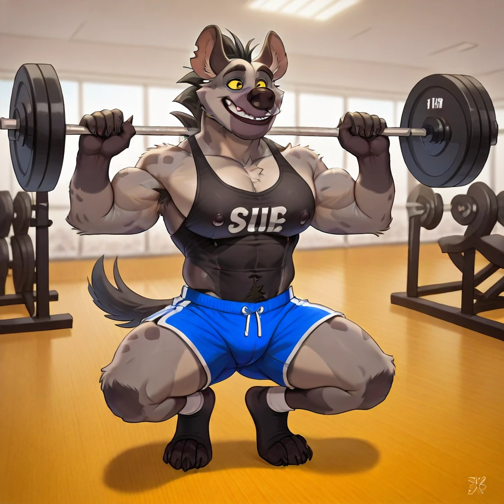 score_9, score_8_up, score_7_up, (best quality), ultra-detailed, high resolution, 8k, masterpiece, best quality, amazing quality, solo, 1boy, male, anthro, Chungu, hyena boy, furry male, bara, big mouth, big nose, yellow sclera, dark grey spotted fur, short tail, athletic, toned arms, strong arms, strong legs, big pecs, training in the gym, focused, black tanktop, blue shorts, ankle socks, plantigrade