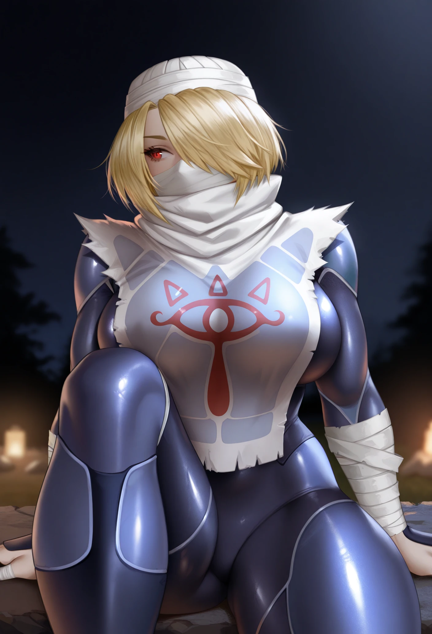 (masterpiece:1.2), (best quality:1.2), perfect eyes, perfect face, perfect lighting, 1girl, solo, sheik, the legend of zelda, nintendo, red eyes, androgynous, braid, scarf, bodysuit, outdoors, night, dark, inky, thick eyelashes, makeup, eyeshadow <lora:sheik_V1:1>