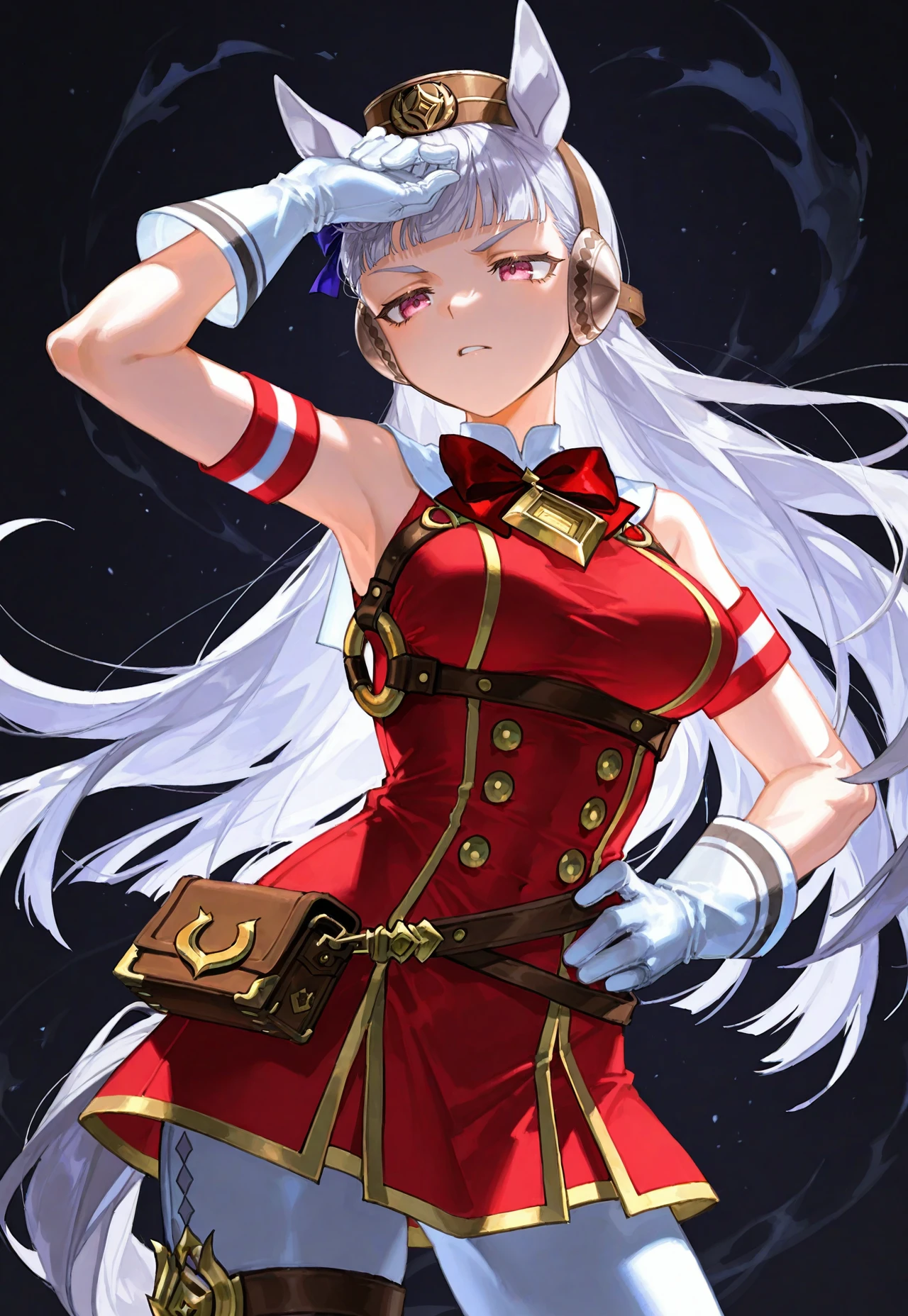 artist:quasarcake:0.65, artist:kedama milk:0.5, artist:tianliang duohe fangdongye,
1girl, solo, (gold ship \(umamusume\),) portrait, very eyecatching, standing, hand on own forehead, hand on own hip, contrapposto, dynamic pose:0.25, dark background, high contrast,
(very awa, very aesthetic, masterpiece, best quality, highres, absurdes,)