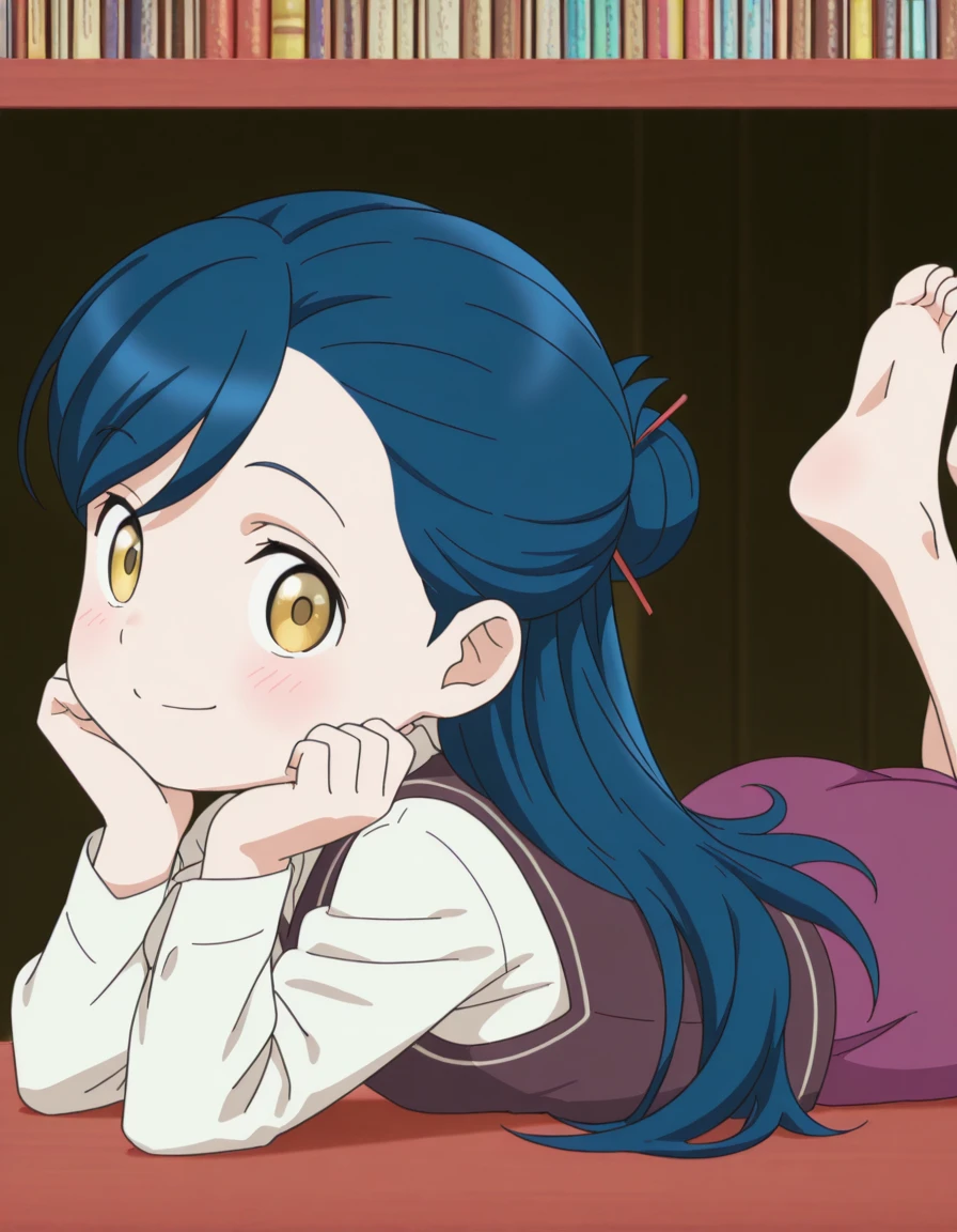 masterpiece, best quality, amazing quality,, <lora:myne-s1s2s3-v2-illustriousxl-lora-nochekaiser:1>, eemyne, myne, long hair, shirt, skirt, long sleeves, hair ornament, yellow eyes, blue hair, white shirt, hair bun, vest, single hair bun, purple skirt, anime screencap, , <lora:the-pose-illustriousxl-lora-nochekaiser:1>, the pose, on stomach, feet up, lying, soles, feet, legs up, head rest, barefoot, from side, looking at viewer, ass, smile, blush, sideboob, bookstore, browsing shelves, new book smell, finding a favorite, quiet atmosphere, cowboy shot, solo, looking at viewer,