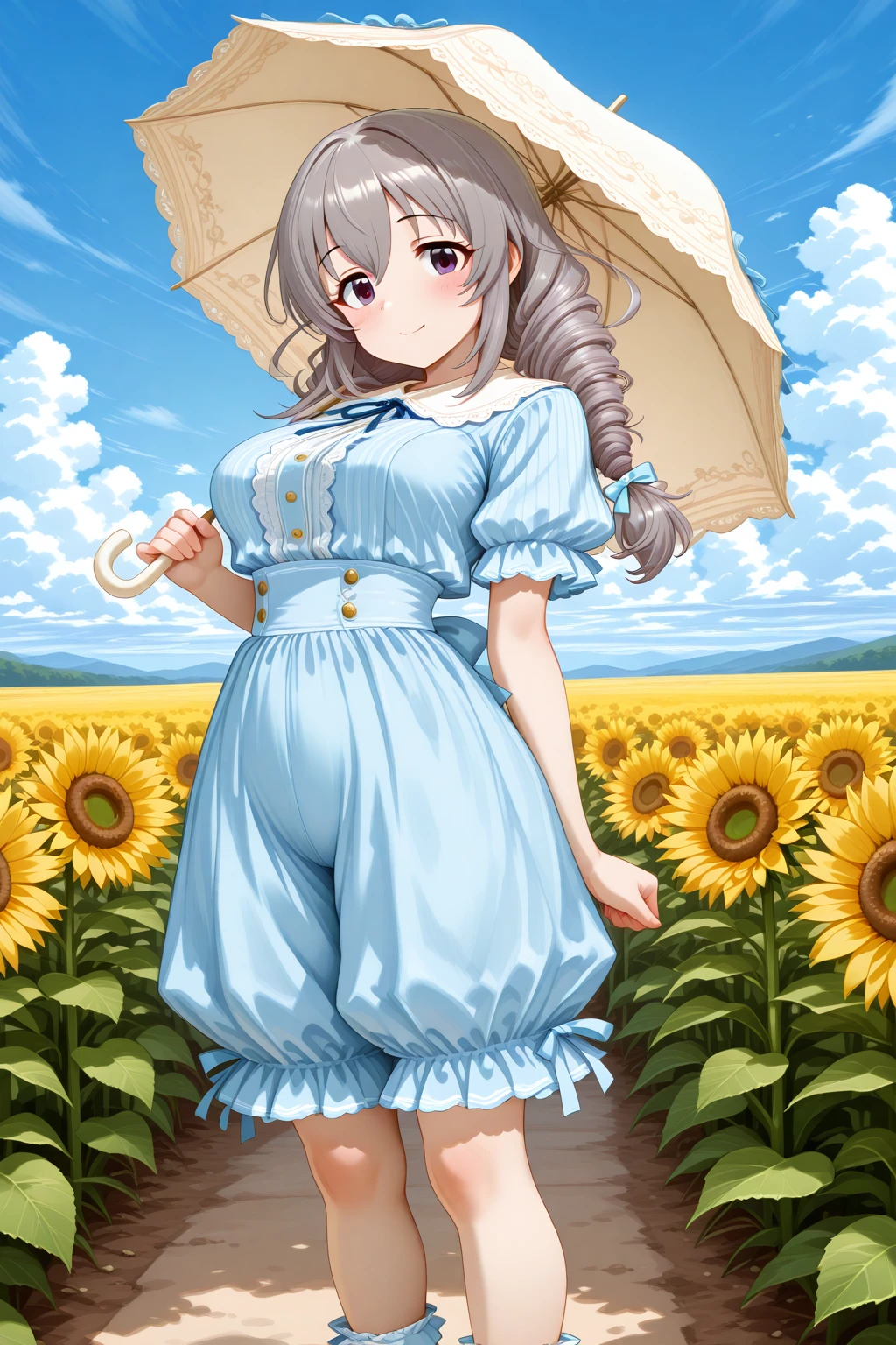 masterpiece, best quality, amazing quality, 1girl, solo, makeup, general, full body, looking at viewer, blush, dramatic angle, from front, smile, outdoors, sunflower field, sky, cloud, summer, ((holding umbrella)), <lora:Sakakibara_Satomi_Cinderella:1>, Sakakibara_Satomi_Cinderella, long hair, grey hair, large breasts, twintails, purple eyes, twin braids, twin drills, bow, hair bow, ribbon, hair between eyes, <lora:Antique_Striped_Blouse_Bloomer_Pant_Outfit:1>, Antique_Striped_Blouse_Bloomer_Pant_Outfit, blue shirt, striped shirt, vertical-striped clothes, pants, blue bloomers, puffy short sleeves, frilled sleeves, frills, neck ribbon, blue ribbon, frilled socks, mary janes, shirt tucked in, <lora:wai-A3-V140:1>, <lora:illustrious_noobai_epsilon_pred_1_masterpieces_v1:1>