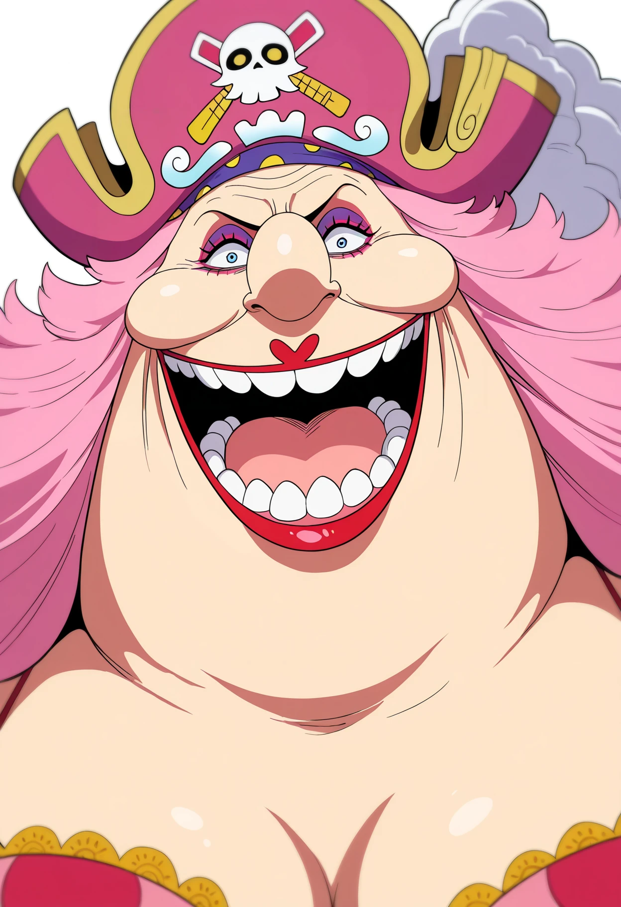 best quality, amazing quality, very aesthetic, absurdres,
1girl, bigmom, pink hair, makeup, long hair,
lipstick, fat,
pirate hat,
smile, open mouth, teeth,
closeup,
solo,
looking at viewer, simple background, white background, <lora:BigMomNoobXL_byKonan:1>