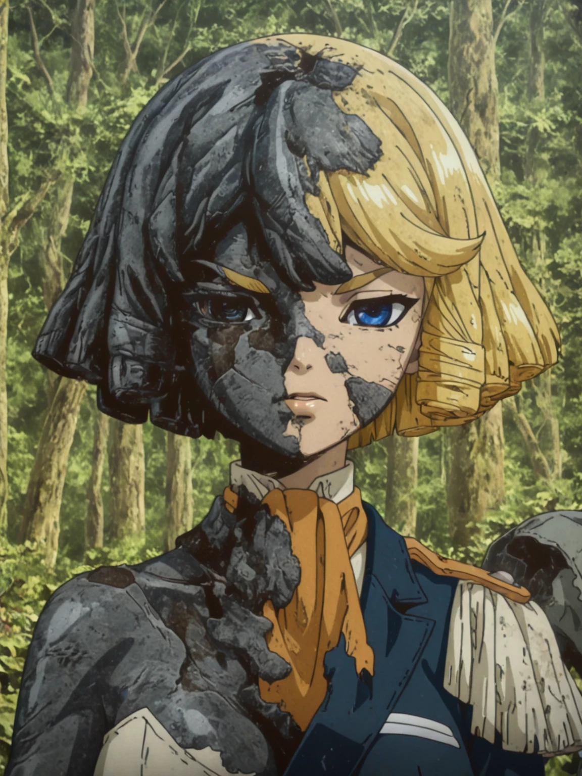 masterpiece, best quality, very aesthetic, absurdres, high resolution, ultra detailed, perfect details, anime screencap, solo
1girl, blonde hair, blue eyes, stone hair, francois, short hair,  uniform,stone eye, <lora:Francois:0.85>,<lora:Stone_World_-_Dr_Stone_-_IL:0.85>, half-body cracks,  decayed, forest background,  plants, post apocalyptic,  stone statue, turned to stone