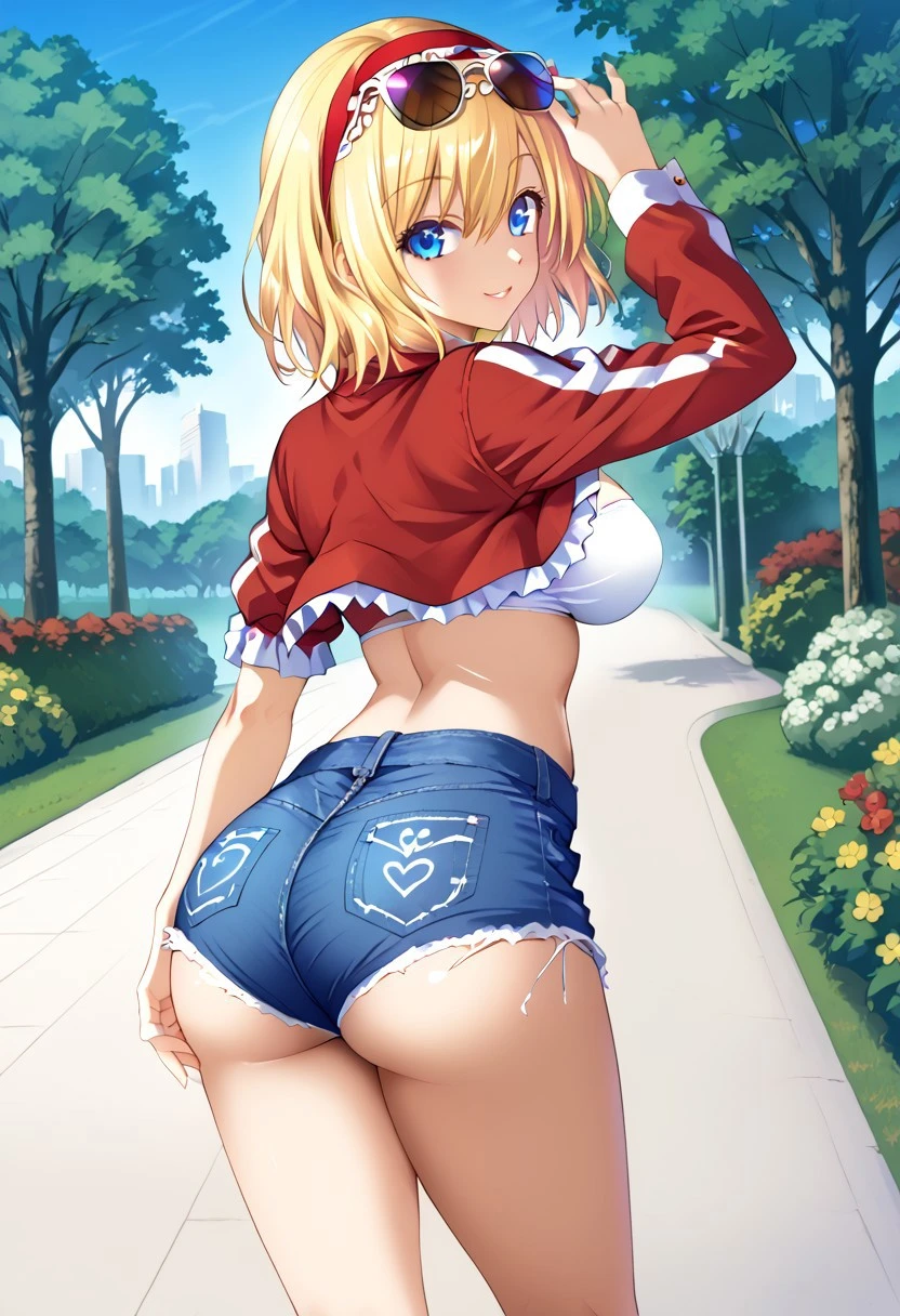 hijikawa style, 1girl, solo, ((looking at viewer)), ((park)), ((day time)), smile, ((alternative costume)), alice margatroid, medium hair, blonde hair, blue eyes, red hairband, frilled hairband, standing, (posing), ((large breasts)), white bandeau, blue jean shorts, denim shorts, black belt, red jacket, ((sunglasses on head)), ((legs)), ((from behind)), ((large ass))