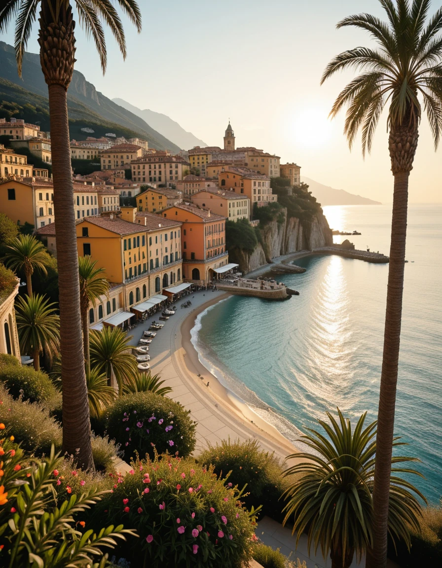 A breathtaking photograph of the coastal city of Menton, France, taken during golden hour. The colorful buildings of the old town cascade down the hillside, painted in warm pastel tones of yellow, orange, and pink. In the foreground, tall palm trees sway gently in the breeze along the Mediterranean promenade. The deep blue sea glistens under the setting sun, and the distant Alps rise in the background, partially shrouded in mist. A peaceful, sunlit atmosphere with no people present, captured in ultra-high detail, HDR, and soft cinematic lighting, evoking the charm and elegance of the French Riviera.M3nt0n, <lora:M3nt0n-i:1>, Masterpiece,best quality,hi res,8k,hi res,8k,award winning,(sharp focus, intricate, highly detailed),