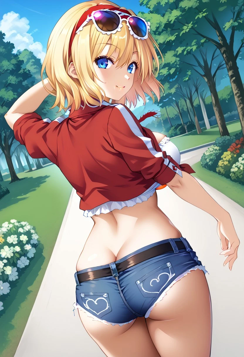 hijikawa style, 1girl, solo, ((looking at viewer)), ((park)), ((day time)), smile, ((alternative costume)), alice margatroid, medium hair, blonde hair, blue eyes, red hairband, frilled hairband, standing, (posing), ((large breasts)), white bandeau, blue jean shorts, denim shorts, black belt, red jacket, ((sunglasses on head)), ((legs)), ((from behind)), ((large ass))