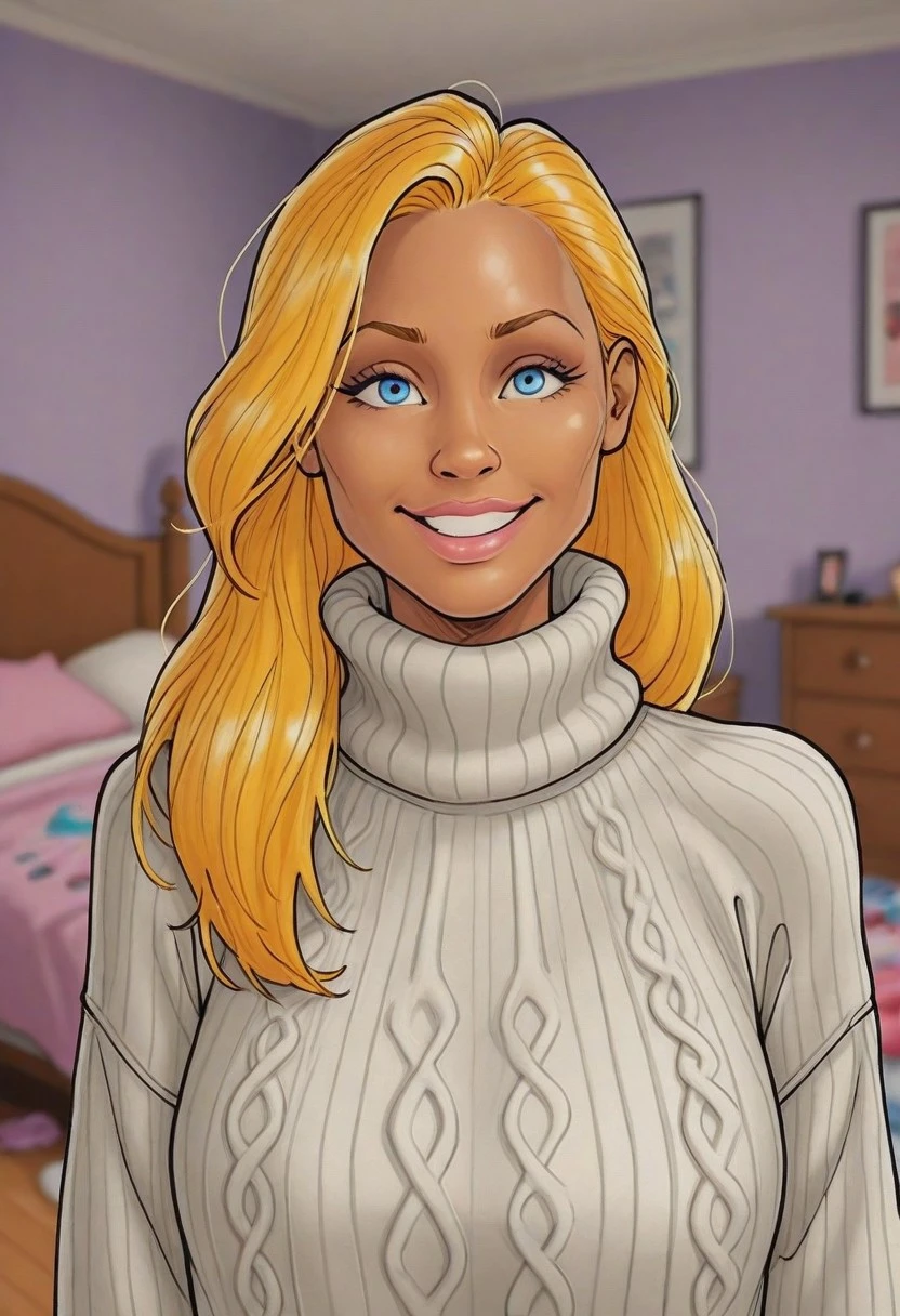 detailed background, blurry background, bedroom, messy bedroom,
nh_stl, 1girl, female focus, D1x13, blonde hair, blue eyes, cowboy portrait, oversized sweater, turtleneck sweater, big smile,