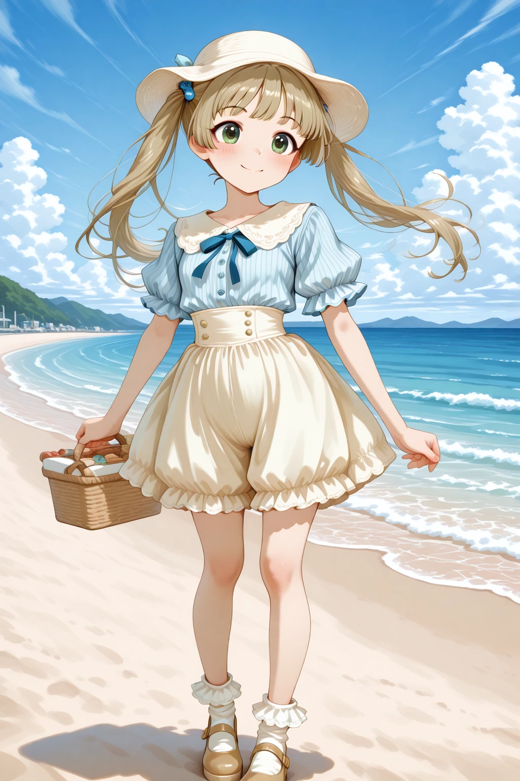 masterpiece, best quality, amazing quality, 1girl, solo, makeup, general, full body, looking at viewer, blush, dramatic angle, from front, smile, outdoors, seaside, standing, sky, cloud, summer, ((holding one basket both hands)), wind, ((white summer hat)), <lora:Yokoyama_Chika_Cinderella:1>, Yokoyama_Chika_Cinderella, long hair, twintails, brown hair, hair ornament, green eyes, <lora:Antique_Striped_Blouse_Bloomer_Pant_Outfit:1>, Antique_Striped_Blouse_Bloomer_Pant_Outfit, blue shirt, striped shirt, vertical-striped clothes, pants, bloomers, puffy short sleeves, frilled sleeves, frills, neck ribbon, blue ribbon, frilled socks, mary janes, shirt tucked in, <lora:wai-A3-V140:1>, <lora:illustrious_noobai_epsilon_pred_1_masterpieces_v1:1>