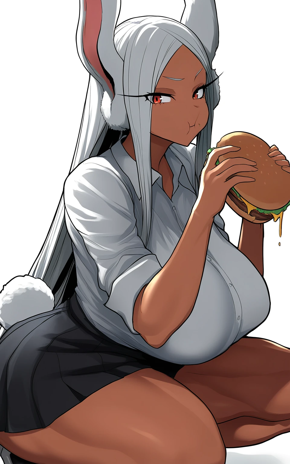 Mouse girl, white fur, Red eyes, black pupils,      thin  rat whiskers,Farm clothes, Voluptuous body, Small breasts ,  mid hair, Opening a fridge and eating a sandwich with fries 