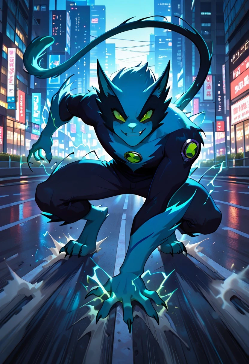 fastrack, solo, blue skin, green eyes, 1boy, claws, green badge, fang, feline tail, wide jaw, , blue , body fur, , black arms, blue hands, blue forearm,
smile, akira_slide,, road, city, electricity, speed lines, crouching, one hand on ground
,((masterpiece, best quality, amazing quality, very aesthetic, absurdres, newest, cinematic,)),