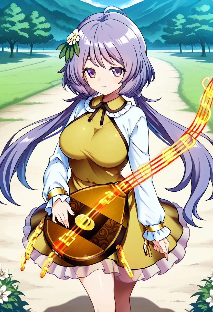 hijikawa style, ((outdoors)), ((plains)), (day time), looking at viewer, ((large breasts)), (standing), (posing), soft smile, tsukumo benben, 1girl, solo, ((purple eyes)), purple hair, long hair, twintails, ahoge, hair flower, white flower, yellow dress, frilled dress, long sleeves, biwa lute, instrument, ((legs))