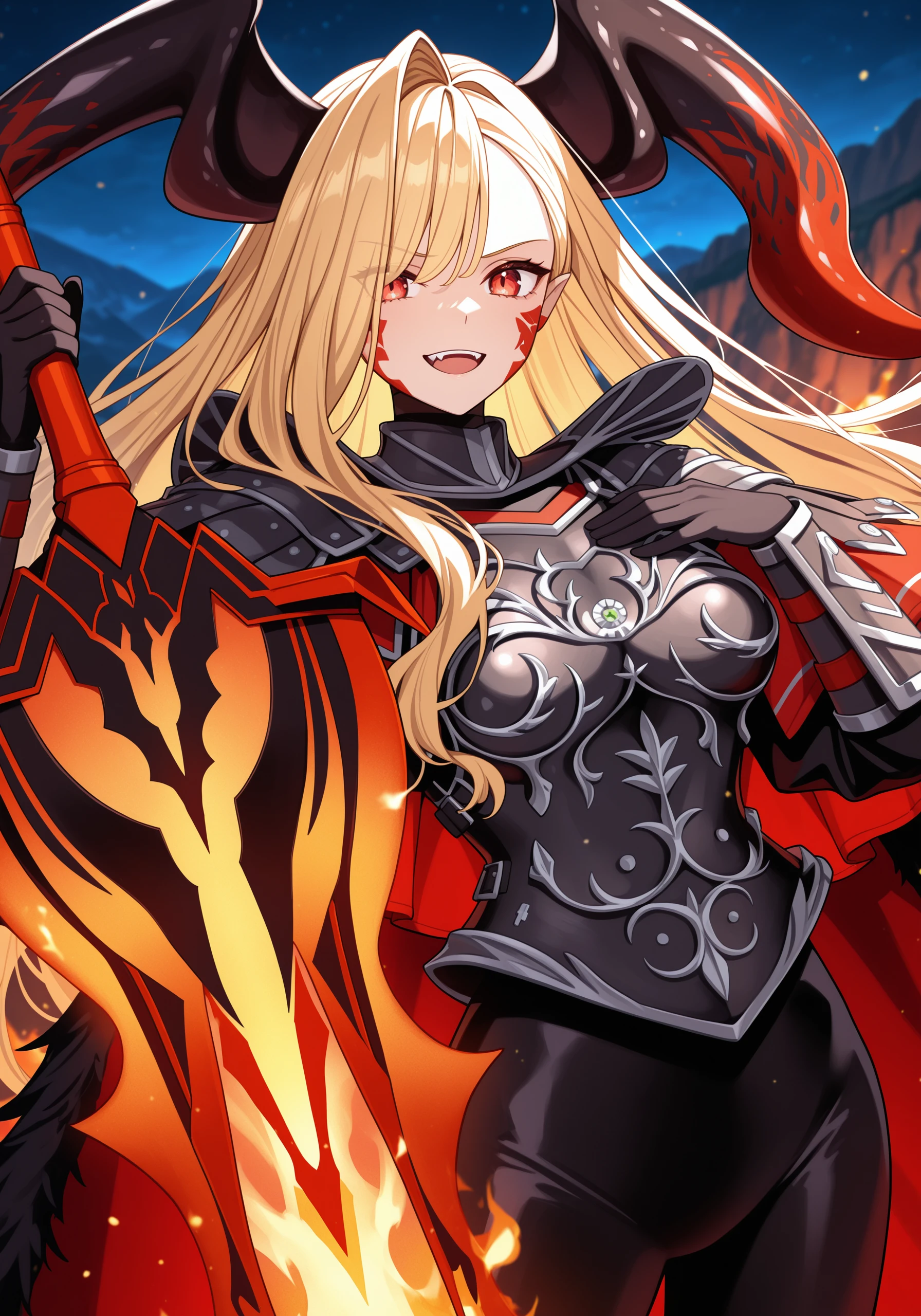 1girl, <lora:draco_v2_sn26:1>,  qndco, horns, black , black breastplate, pauldrons, long fur cape, black gloves, arm guards, short red shoulder capelet, two tone cape, cowboy shot, straight shot, flaming red sword, holding sword, hand on ,
looking at viewer, open mouth, smile, cowboy shot, serious expression,
black mountains, mountain background, cliffs, depth of field, night,
high resolution, ultra-detailed, absurdres, masterpiece, best quality, good quality, newest