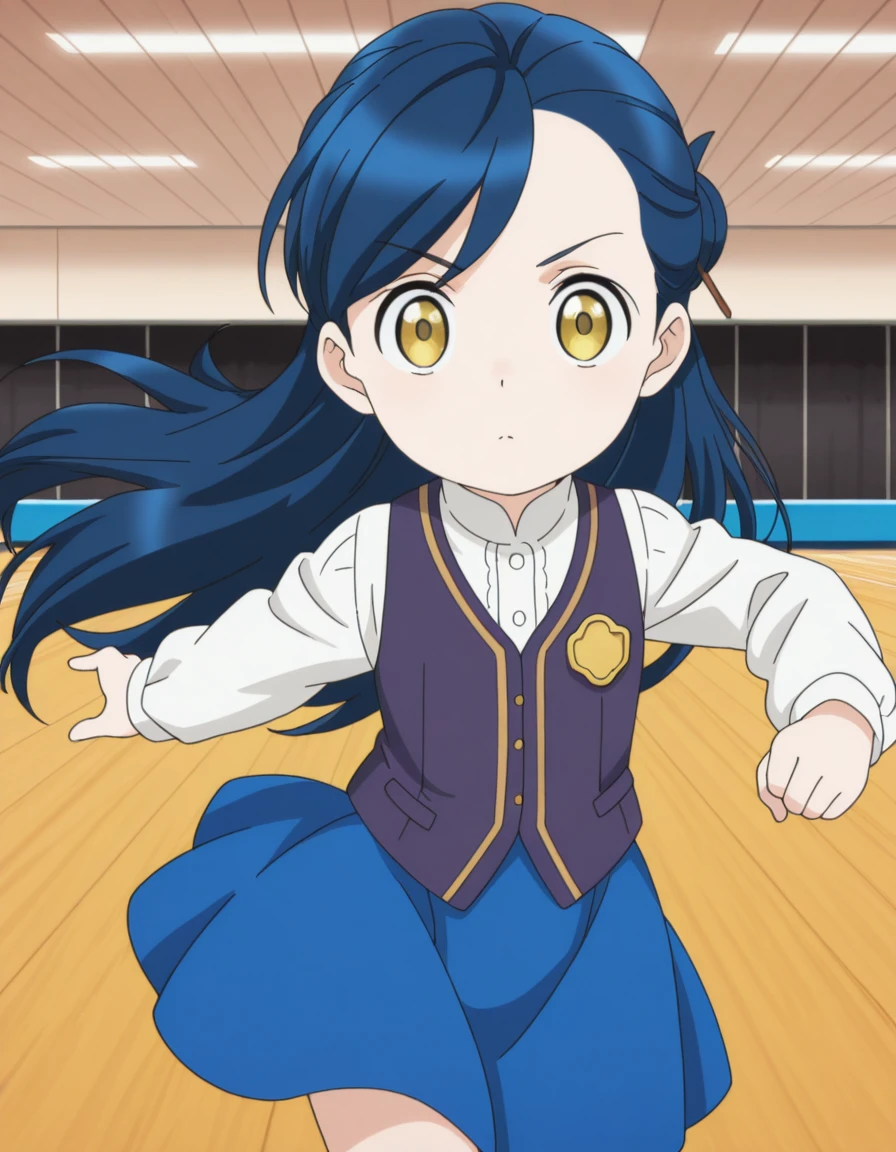 masterpiece, best quality, amazing quality,, <lora:myne-s1s2s3-v2-illustriousxl-lora-nochekaiser:1>, ccmyne, myne, long hair, shirt, skirt, long sleeves, hair ornament, dress, blue hair, white shirt, yellow eyes, hair bun, vest, blue skirt, single hair bun, anime screencap, , <lora:dynamic-pose-illustriousxl-lora-nochekaiser:1>, dynamic pose, kicking, cowboy shot, bowling alley, lanes, pins, balls, fun, cowboy shot, solo, looking at viewer,