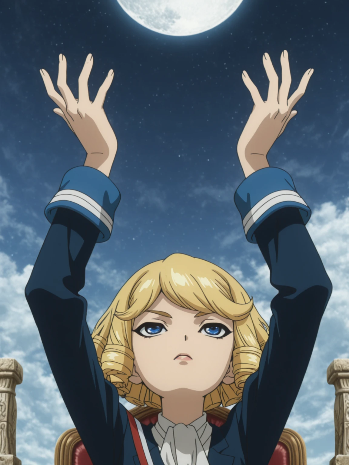 masterpiece, best quality, very aesthetic, absurdres, high resolution, ultra detailed, perfect details, anime screencap, solo, sky, moon under hands,
1girl, sitting on chair, blonde hair, blue eyes, stone hair, francois, short hair, uniform, <lora:Francois:0.85>, arms up, looking up,