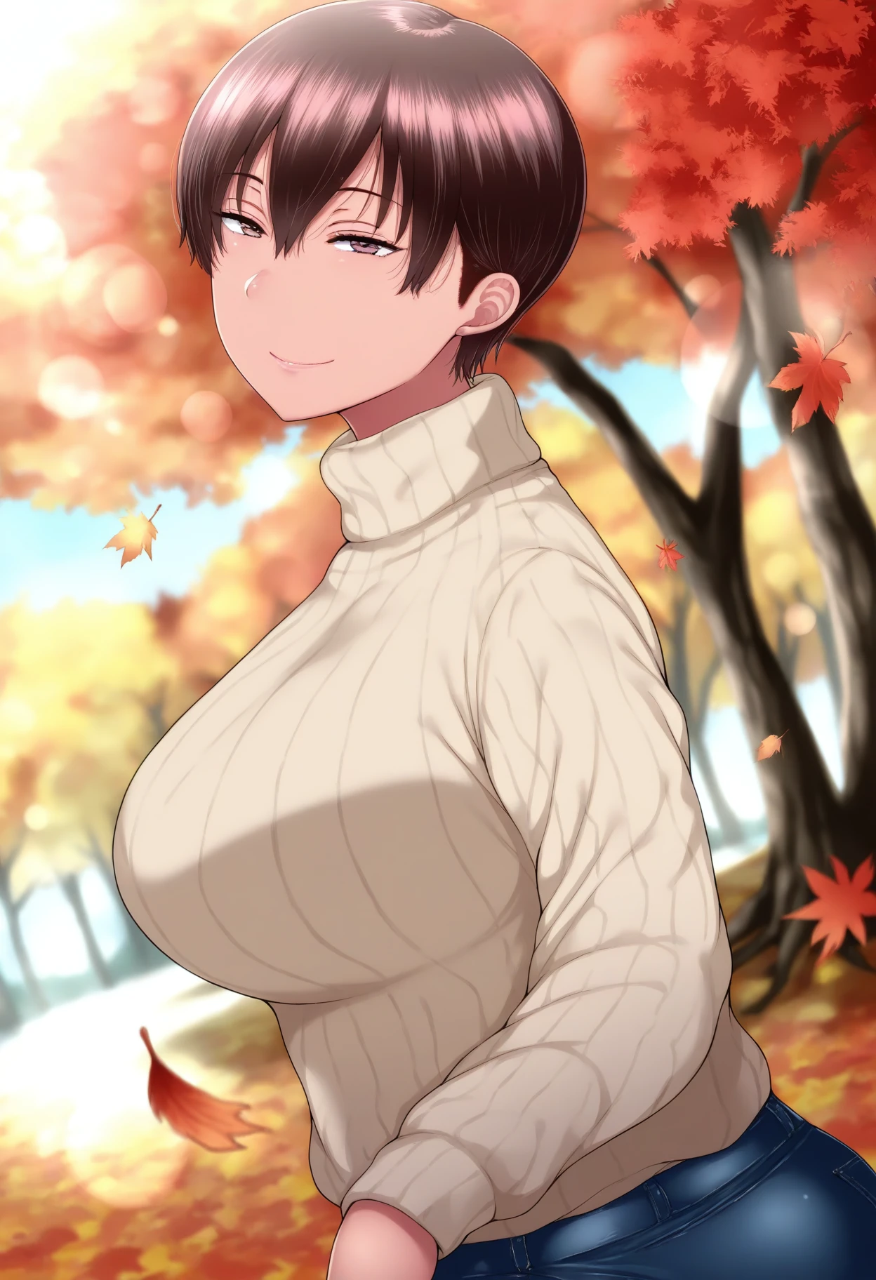 score_9, score_8_up, score_7_up, score_6_up, source_anime, BREAK 1girl, <lora:shamir-pdxl-nvwls-v1-000006:1> defShamir, short hair, big breasts, black sweater, beige pants, hands in pockets, white scarf, outdoors, stairs, blue sky, autumn