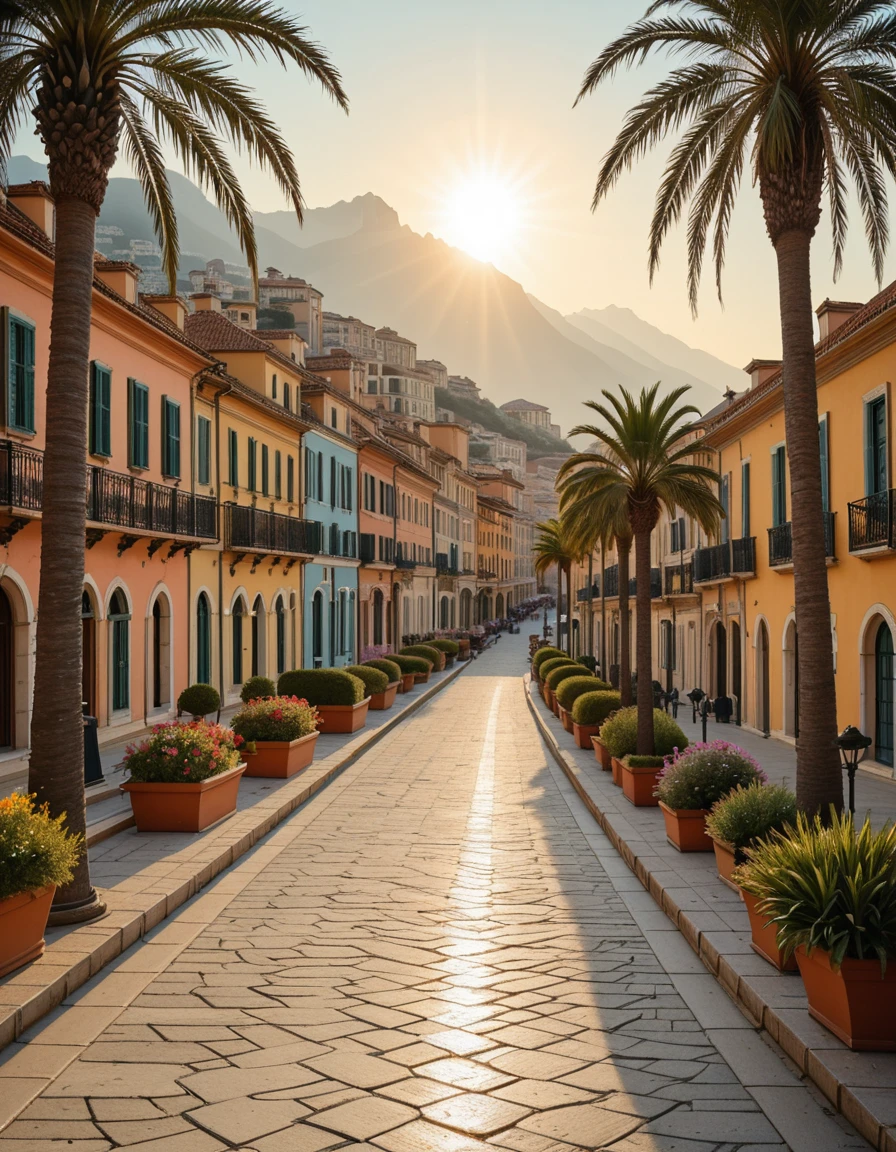 A breathtaking photograph of the coastal city of Menton, France, taken during golden hour. The colorful buildings of the old town cascade down the hillside, painted in warm pastel tones of yellow, orange, and pink. In the foreground, tall palm trees sway gently in the breeze along the Mediterranean promenade. The deep blue sea glistens under the setting sun, and the distant Alps rise in the background, partially shrouded in mist. A peaceful, sunlit atmosphere with no people present, captured in ultra-high detail, HDR, and soft cinematic lighting, evoking the charm and elegance of the French Riviera.M3nt0n, <lora:M3nt0n-i:1>, Masterpiece,best quality,hi res,8k,hi res,8k,award winning,(sharp focus, intricate, highly detailed),