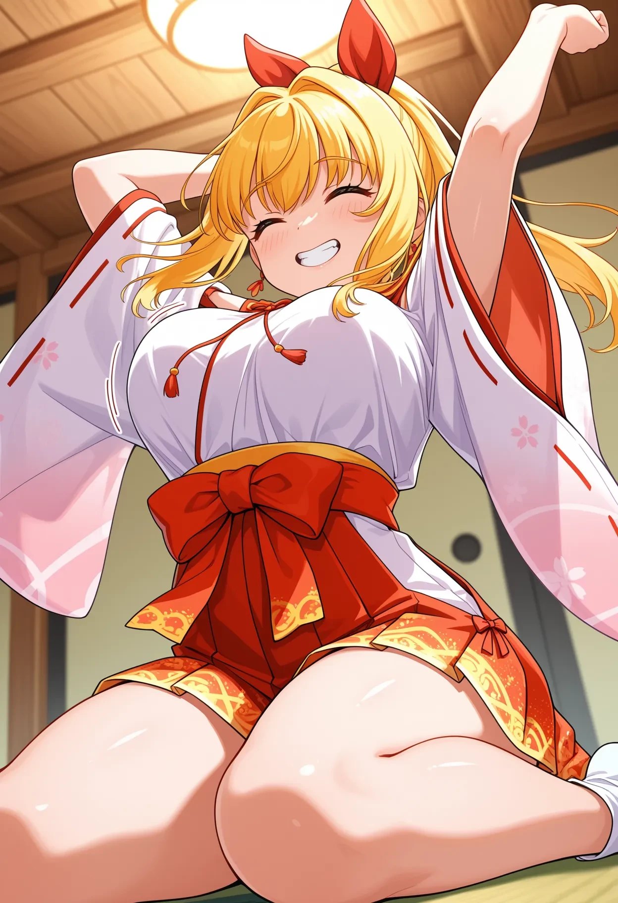 (masterpiece:1.2), (best quality:1.2), 1girl, large breasts, blonde hair, long hair, tanned skin, dark skin, looking at viewer, seductive smile, off-shoulder red kimono, 
sidewayassms, on side, spread pussy, spread ass ,hand on own ass, anus, vagina,
on tatami, japanese style living room,