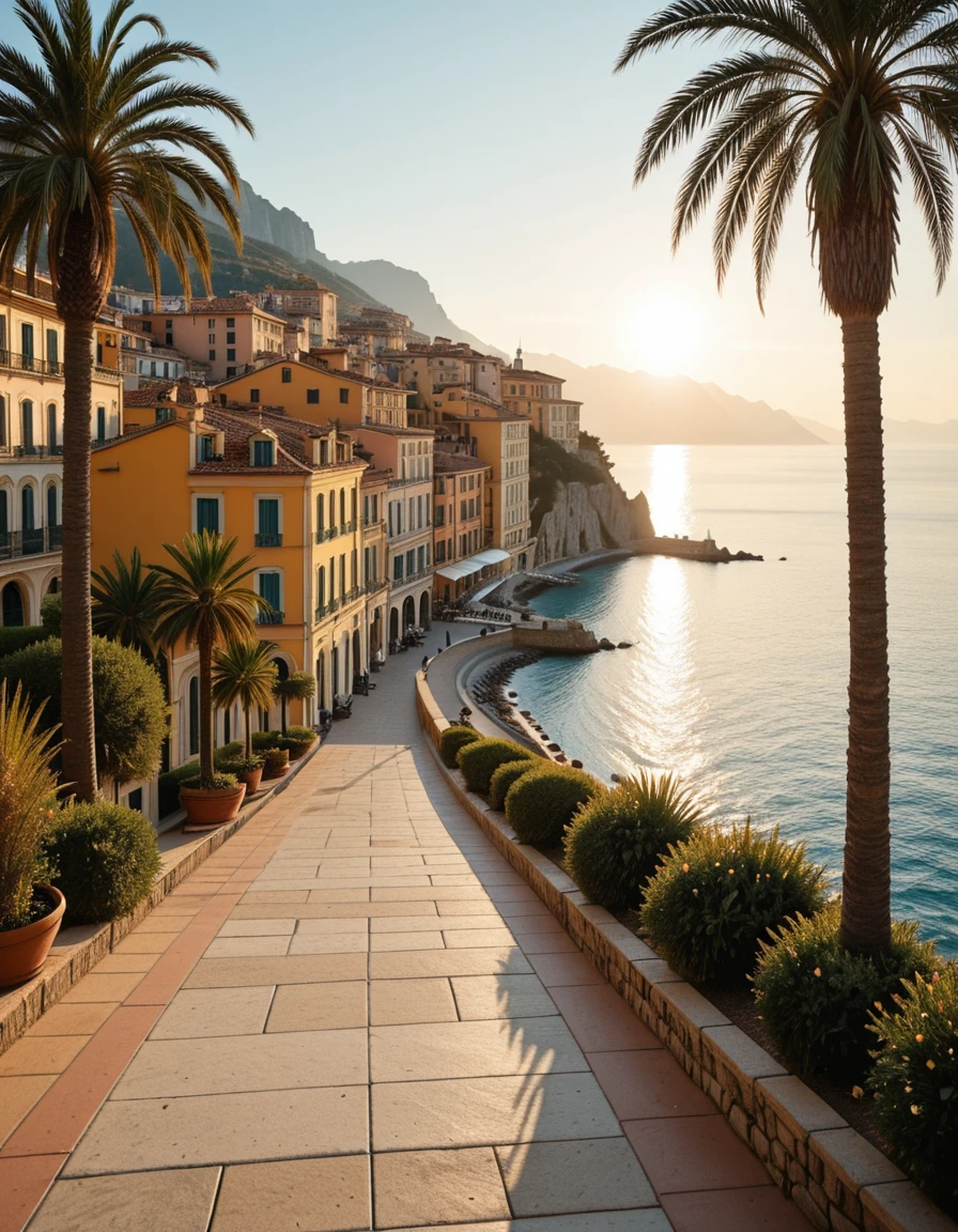 A breathtaking photograph of the coastal city of Menton, France, taken during golden hour. The colorful buildings of the old town cascade down the hillside, painted in warm pastel tones of yellow, orange, and pink. In the foreground, tall palm trees sway gently in the breeze along the Mediterranean promenade. The deep blue sea glistens under the setting sun, and the distant Alps rise in the background, partially shrouded in mist. A peaceful, sunlit atmosphere with no people present, captured in ultra-high detail, HDR, and soft cinematic lighting, evoking the charm and elegance of the French Riviera.M3nt0n, <lora:M3nt0n-i:1>, Masterpiece,best quality,hi res,8k,hi res,8k,award winning,(sharp focus, intricate, highly detailed),