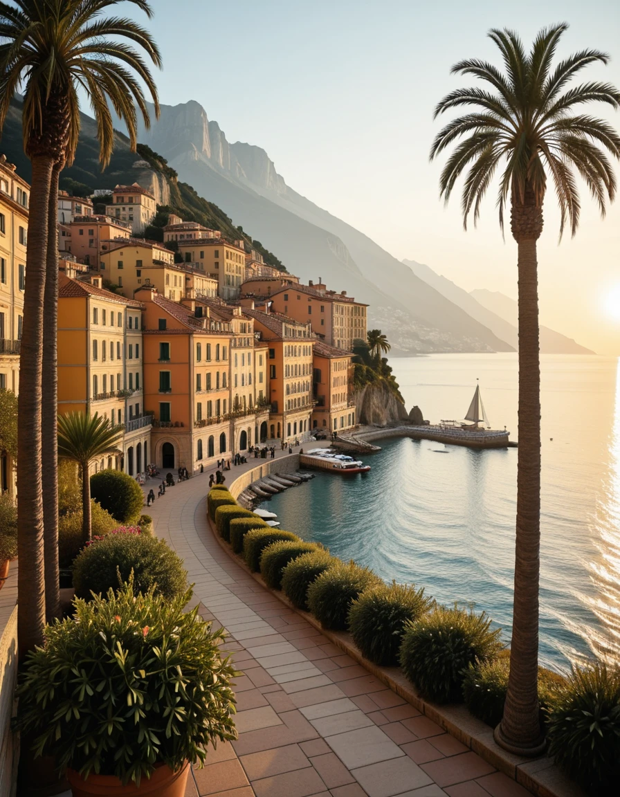 A breathtaking photograph of the coastal city of Menton, France, taken during golden hour. The colorful buildings of the old town cascade down the hillside, painted in warm pastel tones of yellow, orange, and pink. In the foreground, tall palm trees sway gently in the breeze along the Mediterranean promenade. The deep blue sea glistens under the setting sun, and the distant Alps rise in the background, partially shrouded in mist. A peaceful, sunlit atmosphere with no people present, captured in ultra-high detail, HDR, and soft cinematic lighting, evoking the charm and elegance of the French Riviera.M3nt0n, <lora:M3nt0n-i:1>, Masterpiece,best quality,hi res,8k,hi res,8k,award winning,(sharp focus, intricate, highly detailed),