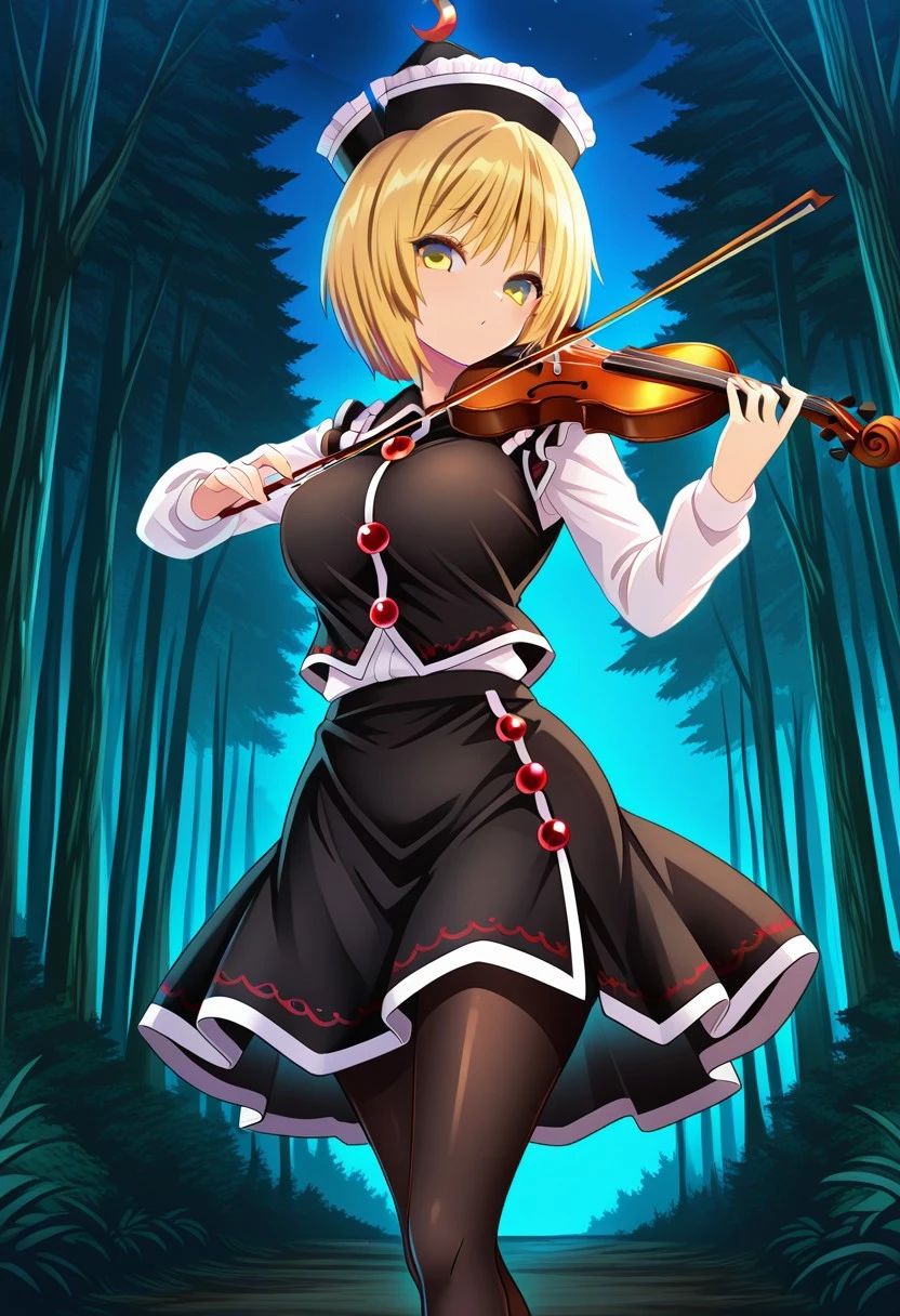 hijikawa style, ((outdoors)), ((forest)), (night), looking at viewer, ((large breasts)), (standing), (playing), calm gaze, lunasa prismriver, 1girl, solo, ((yellow eyes)), blonde hair, short hair, black hat, black vest, white shirt, long sleeves, black skirt, ((black pantyhose)), bow (music), violin