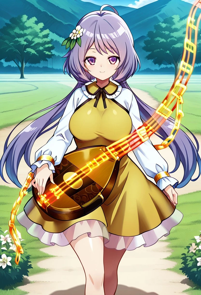 hijikawa style, ((outdoors)), ((plains)), (day time), looking at viewer, ((large breasts)), (standing), (posing), soft smile, tsukumo benben, 1girl, solo, ((purple eyes)), purple hair, long hair, twintails, ahoge, hair flower, white flower, yellow dress, frilled dress, long sleeves, biwa lute, instrument, ((legs))