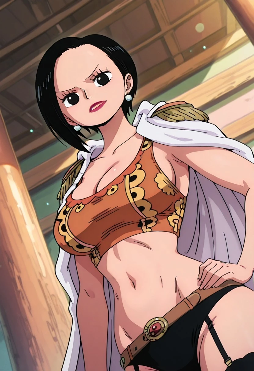 RanOP, 1girl, solo, black hair, short hair, parted on one side hair, black eyes, lips, lipstick, pearl earrings, white cape, epaulettes, large , cleavage cutout, navel, midriff, groin, collarbone, thick thighs, brown printed crop top, black briefs, long black stockings, straps on stockings, belt, belt ornament, jewelry, boots,
masterpiece, best quality, fine details, intricate details, depth of field, subsurface scattering, bokeh, ultra-detailed, very aesthetic, detailed background, newest, scenery, highres, absurdres, colorful, vibrant, glowing, perfect face, 2d, perfect eyes, vibrant saturated colors, volumetric lighting, sharp, detailed eyes, perfect , perfect face, perfect eyes, mature body, clear eyes, beautiful eyes, athletic, curvy body, athletic girl, perky , perfect , round , pinup pose, teasing, expression, perfect hands,
muscular female, dutch angle, dynamic pose,
,Smooth Negative, Smooth_Quality,
one_piece_style