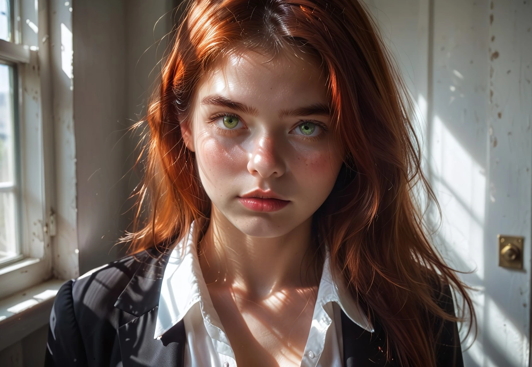 a photograph of young woman. She is a ginger. She is seated and looking upwards at the camera. She has green eyes. She is petite, though somewhat busty for being small. She is wearing a black suit with a white blouse. The blouse is unbuttoned enough to show a hint of cleavage.photorealistic. 8k. shot by nikon.