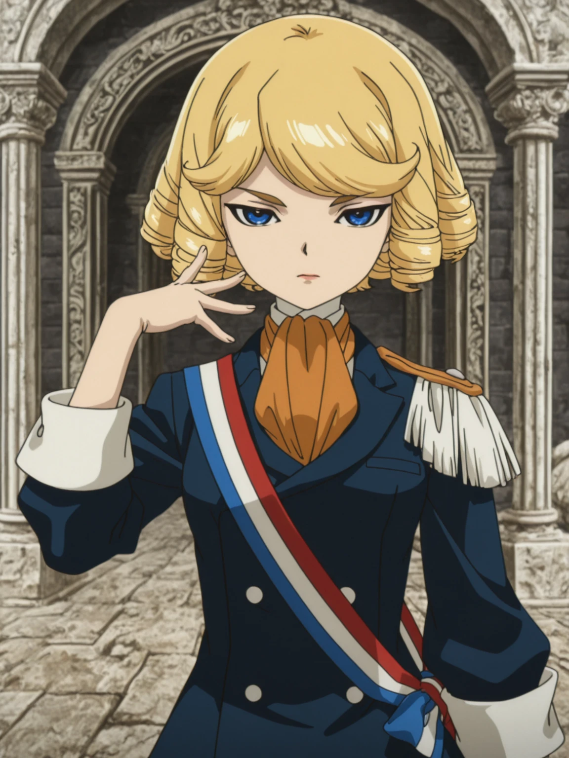 masterpiece, best quality, very aesthetic, absurdres, high resolution, ultra detailed, perfect details, anime screencap, solo
1girl, blonde hair, blue eyes, stone hair, francois, short hair, uniform, <lora:Francois:0.85>, hand up, looking at viewer, emotionless,