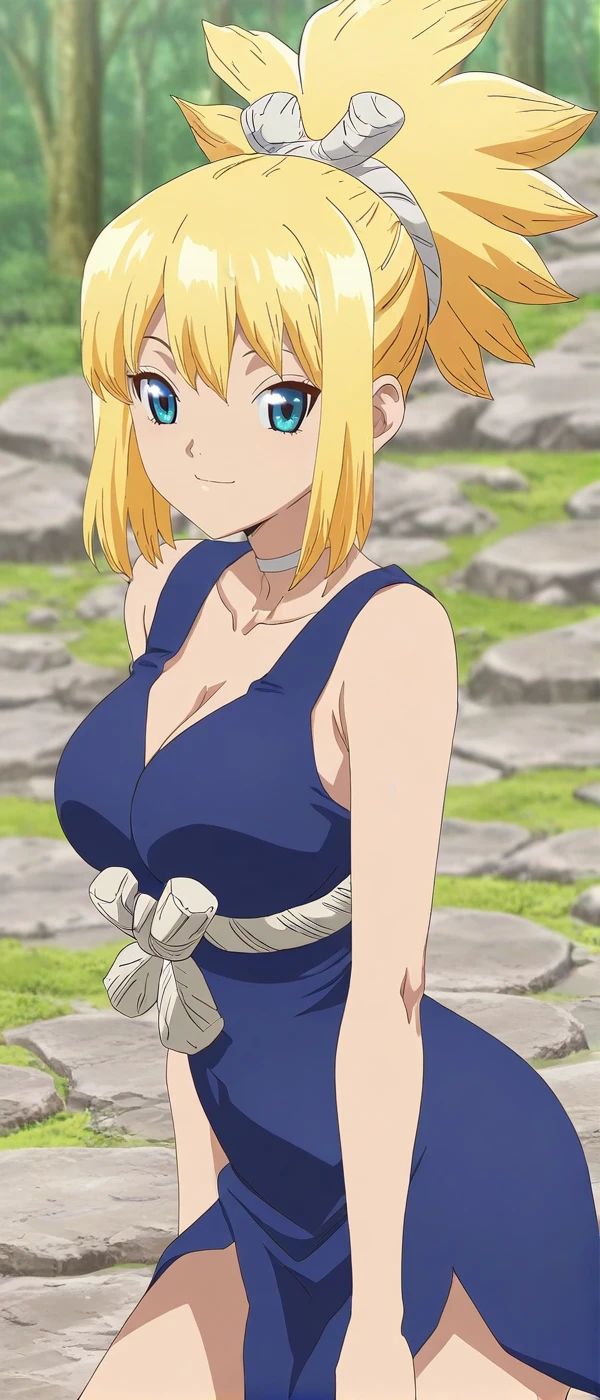 boichi anime style, 1girl, arms at side, straight blonde hair, bob hair, blue eyes, breasts, choker, cleavage, contrapposto, strap black dress, upper body, looking at viewer, medium breasts, solo, thighs, outdoors, white choker, ((masterpiece)), smile
