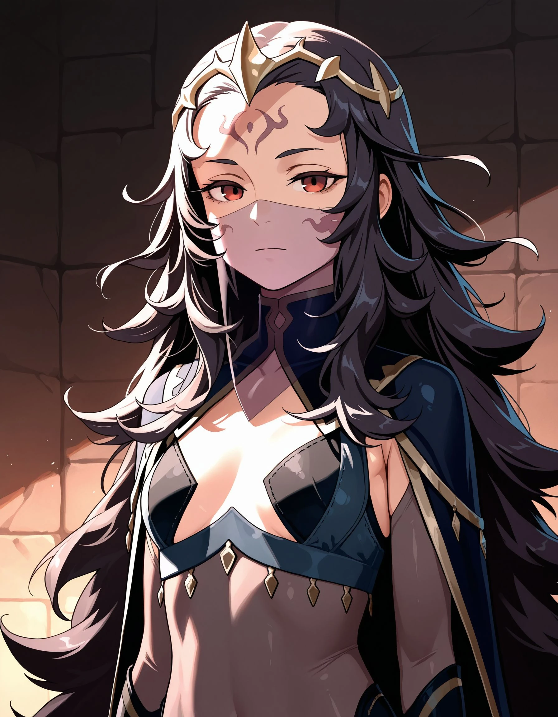 cowboy shot, upper body, smile,closed mouth,holding book,open book,nyx, (bodystocking:1.2), mouth veil, cape, forehead mark, small , facial mark, panties, covered navel, tiara, see-through, , bridal gauntlets, thighhighs,cleavage,outdoors,(masterpiece, best quality, ultra-detailed, best shadow)