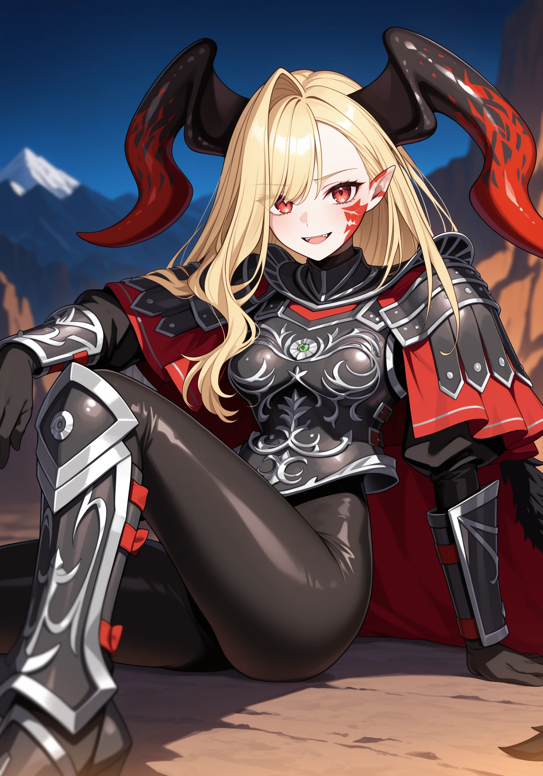 1girl, <lora:draco_v2_sn26:1>, qndco, horns, black bodysuit, black breastplate, pauldrons, long fur cape, black gloves, arm guards, short red shoulder capelet, two tone cape, armored boots, sitting, on ground,
looking at viewer, open mouth, slight smile,
black mountains, mountain background, cliffs, depth of field, night,
high resolution, ultra-detailed, absurdres, masterpiece, best quality, good quality, newest