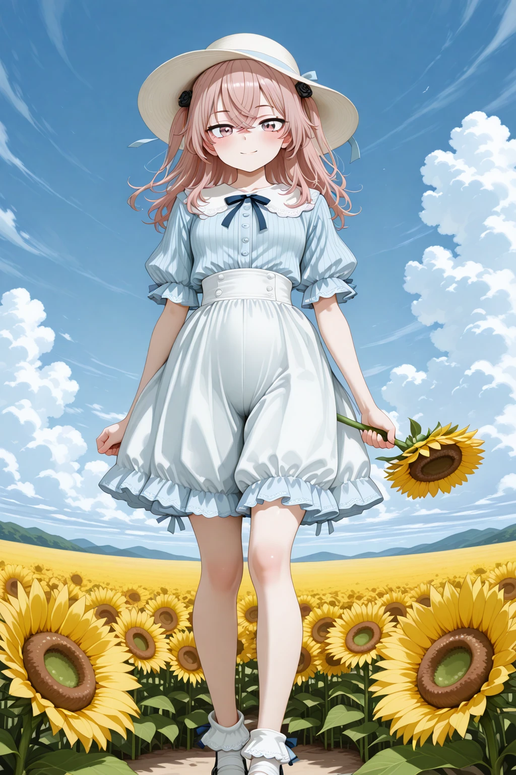 masterpiece, best quality, amazing quality, 1girl, solo, makeup, general, full body, looking at viewer, blush, dramatic angle, from front, smile, outdoors, sunflower field, sky, cloud, summer, ((holding giant flower)), ((white summer hat)), <lora:sajuna-inui-s1-illustriousxl-lora-nochekaiser:0.8>, sajuna inui, inui sajuna, long hair, bangs, hair ornament, hair between eyes, pink hair, pink eyes, two side up, crossed bangs, black rose, hair flower, mature female, small breasts, <lora:Antique_Striped_Blouse_Bloomer_Pant_Outfit:1>, Antique_Striped_Blouse_Bloomer_Pant_Outfit, blue shirt, striped shirt, vertical-striped clothes, pants, blue bloomers, puffy short sleeves, frilled sleeves, frills, neck ribbon, blue ribbon, frilled socks, mary janes, shirt tucked in, <lora:wai-A3-V140:1>, <lora:illustrious_noobai_epsilon_pred_1_masterpieces_v1:1>