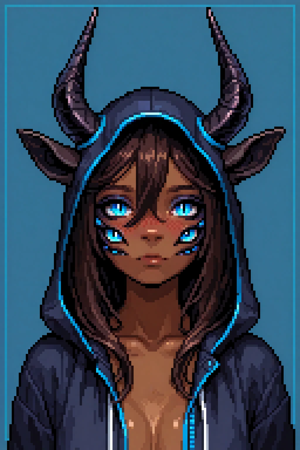 pixpix, 8-bit, pixel_art, , Reaction Shot, no panties, masterprice, , 1girl, solo, looking_at_viewer, blush, bangs, blue_eyes, simple_background, brown_hair, black_hair, animal_ears, hair_between_eyes, closed_mouth, horns, dark_skin, hood, grey_background, dark-skinned_female, mask, blue_background, slit_pupils, portrait, furry, hood_up, furry_female, extra_eyes, mask_removed
