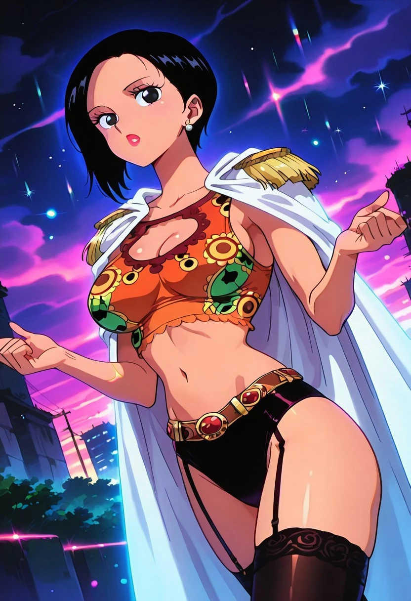 RanOP, 1girl, solo, black hair, short hair, parted on one side hair, black eyes, lips, lipstick, pearl earrings, white cape, epaulettes, large breast, cleavage cutout, navel, midriff, groin, collarbone, thick thighs, brown printed crop top, black briefs, long black stockings, straps on stockings, belt, belt ornament, jewelry, boots,
masterpiece, best quality, fine details, intricate details, depth of field, subsurface scattering, bokeh, ultra-detailed, very aesthetic, detailed background, newest, scenery, highres, absurdres, colorful, vibrant, glowing, perfect face, 2d, perfect eyes, vibrant saturated colors, volumetric lighting, sharp, detailed eyes, perfect anatomy, perfect face, perfect eyes, mature body, clear eyes, beautiful eyes, athletic, curvy body, athletic girl, perky tits, perfect tits, round breasts, pinup pose, teasing, lustful expression, perfect hands,
muscular female, dutch angle, dynamic pose,
,Smooth Negative, Smooth_Quality,
retro_celestial_scifi, retro artstyle