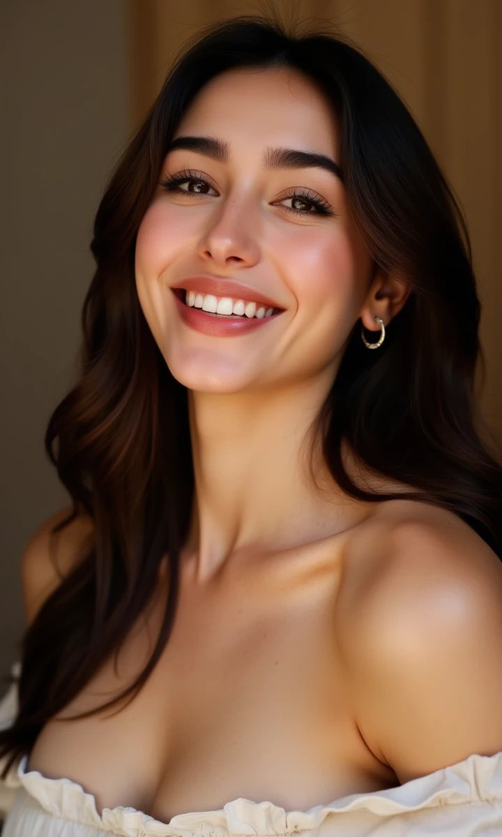Professional studio headshot portrait photo of a beautiful fair woman paty with long, voluminous, hair with a subtle sense of motion and big round boobs. she is positioned against a solid background. She has a radiant, confident, and engaging smile. The woman is wearing a loose, off-the-shoulder top. The diffuce lighting highlights the woman's features and creates a warm, slightly soft glow. The background contrasts sharply with her skin and clothing, emphasizing her appearance. Captured with a high-end DSLR camera and a classic 85mm f/1.4 portrait lens. Set the aperture to f/2.8 for a shallow depth of field, ensuring her face is tack-sharp while the background is smoothly out of focus. The composition is a classic, tight headshot, focusing on her expressive face. Photorealistic, highly detailed, impeccable skin texture. no make up