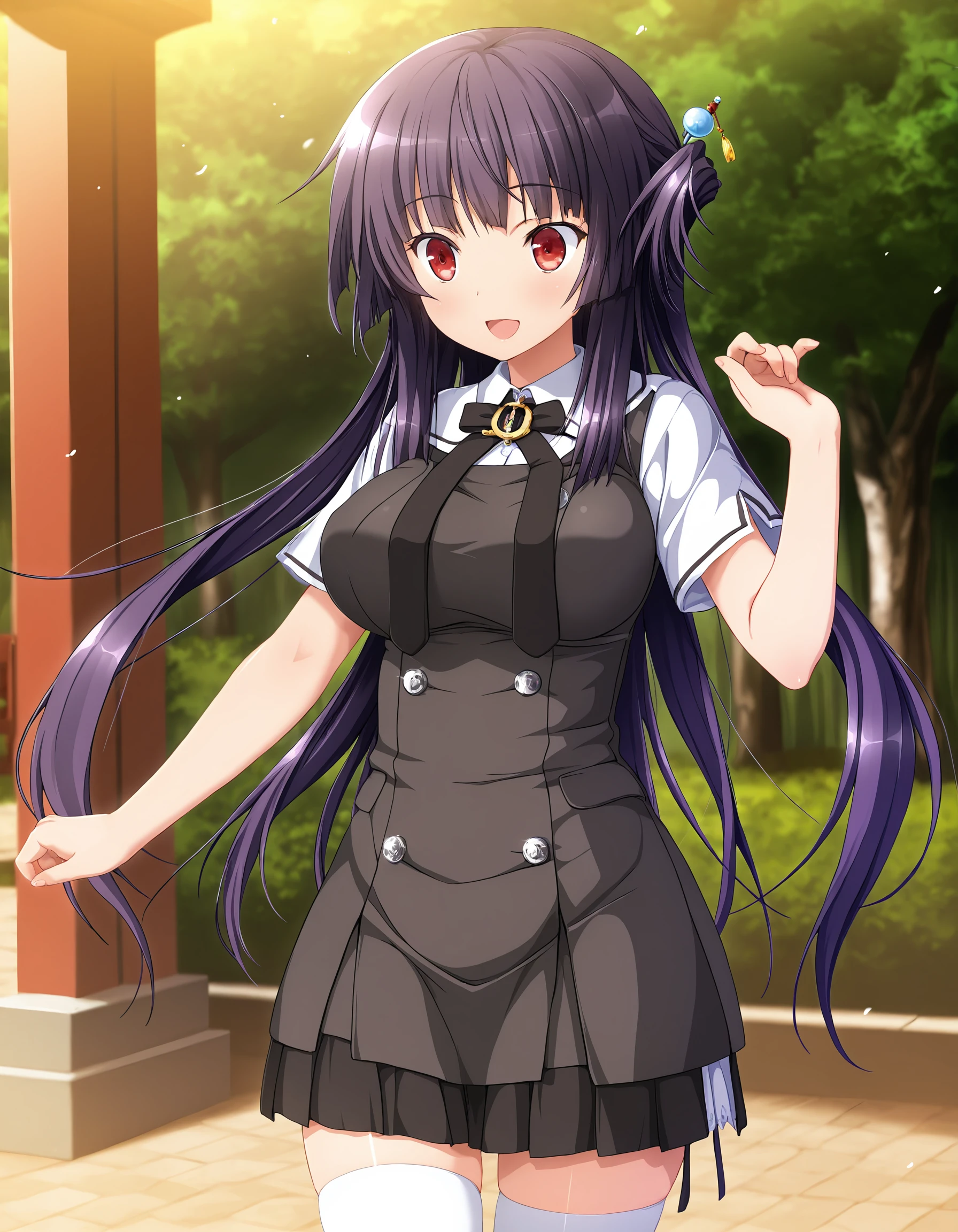tall mature girl, black hair, maintain original hairstyle, ornament on hair, dark pink clear eyes, wearing her original dress, standing outdoors, cowboy shot
