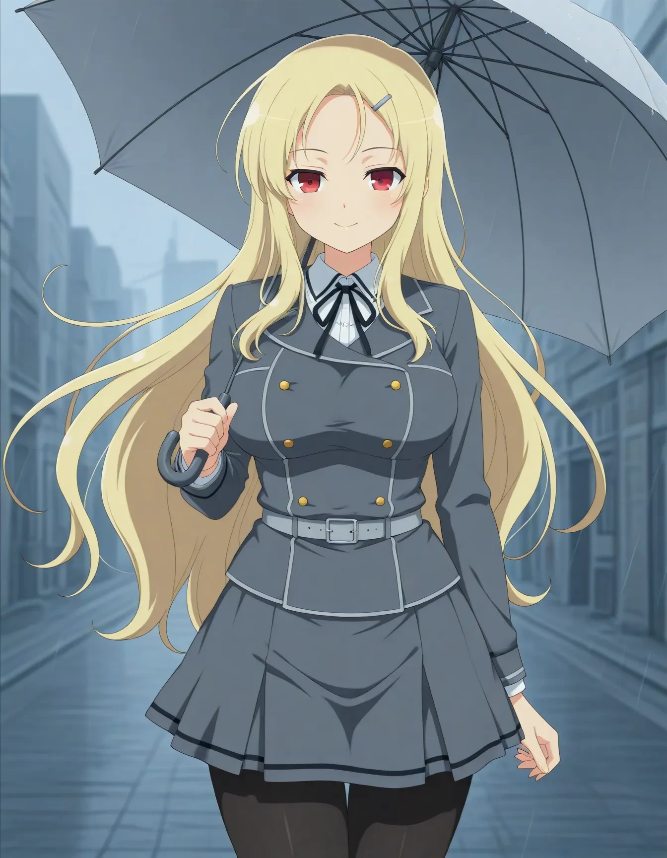 <lora:dmd2-lighting8step_cfg1.5:1>,official style,masterpiece,best quality,newest,very aesthetic,highly detailed,high resolution,absurdres,highres,depth of field,super detailed skin,very awa,Anime,anime coloring,anime screencap,shiki \(senran kagura\),long hair,blonde hair,hairclip,red eyes,large breasts,<lora:SK Shiki_(Senran_Kagura)_V1:1>,school uniform,grey jacket,neck ribbon,black ribbon,white shirt,double-breasted,black pantyhose,grey belt,grey skirt,posing,smile,city,rain,rainy days,holding umbrella,