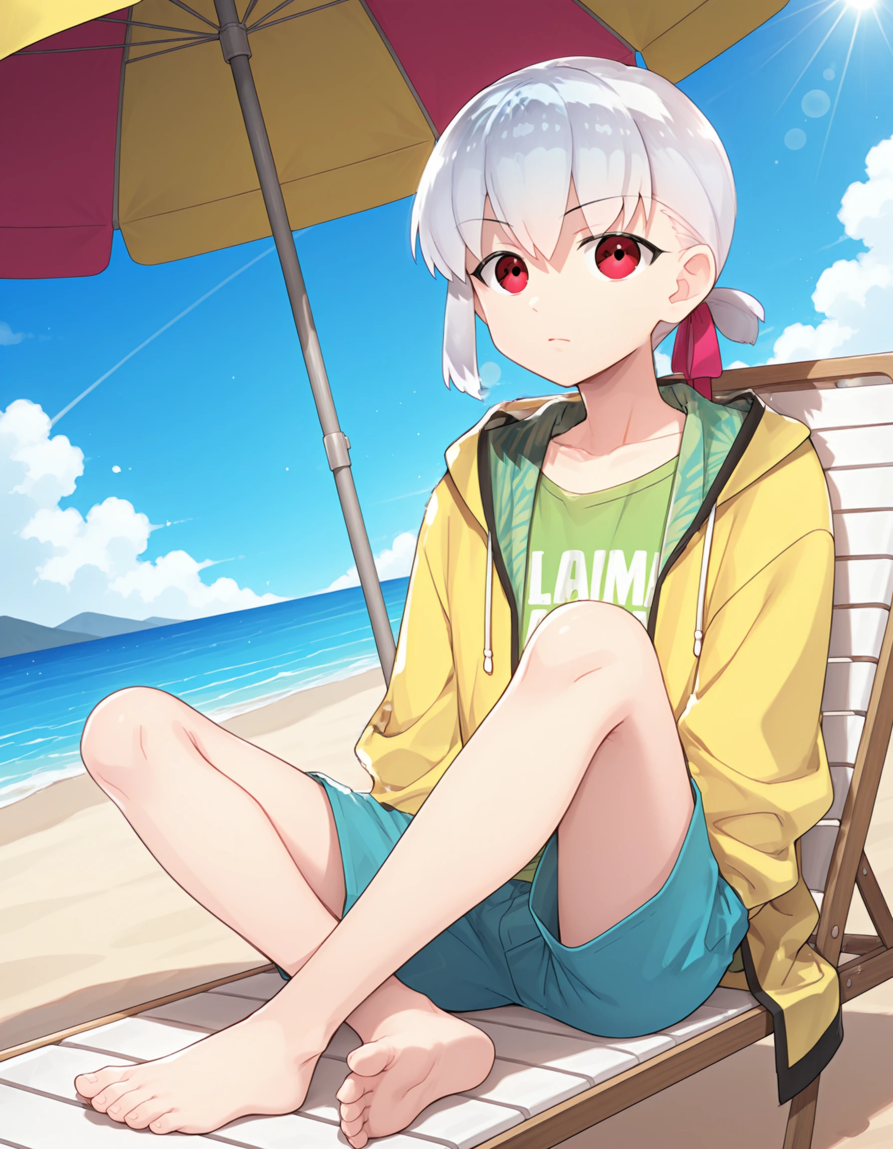 FULL BODYSHOT、an oil painting、masterpiece、top-quality、hight resolution、green and blue hair、Very Shorthair、Red T-shirt、Short sleeve T-shirt、Union Jack Print T-Shirt、Small、Sweaty skin、shores、Beach、blue-sky、long and beautiful legs、Small eyes、Sauce order、Narrow-eyed、Short、half-pants、Beach、ridicule、Bright red shirt、the tips of the hair are yellow、Picking up nuts