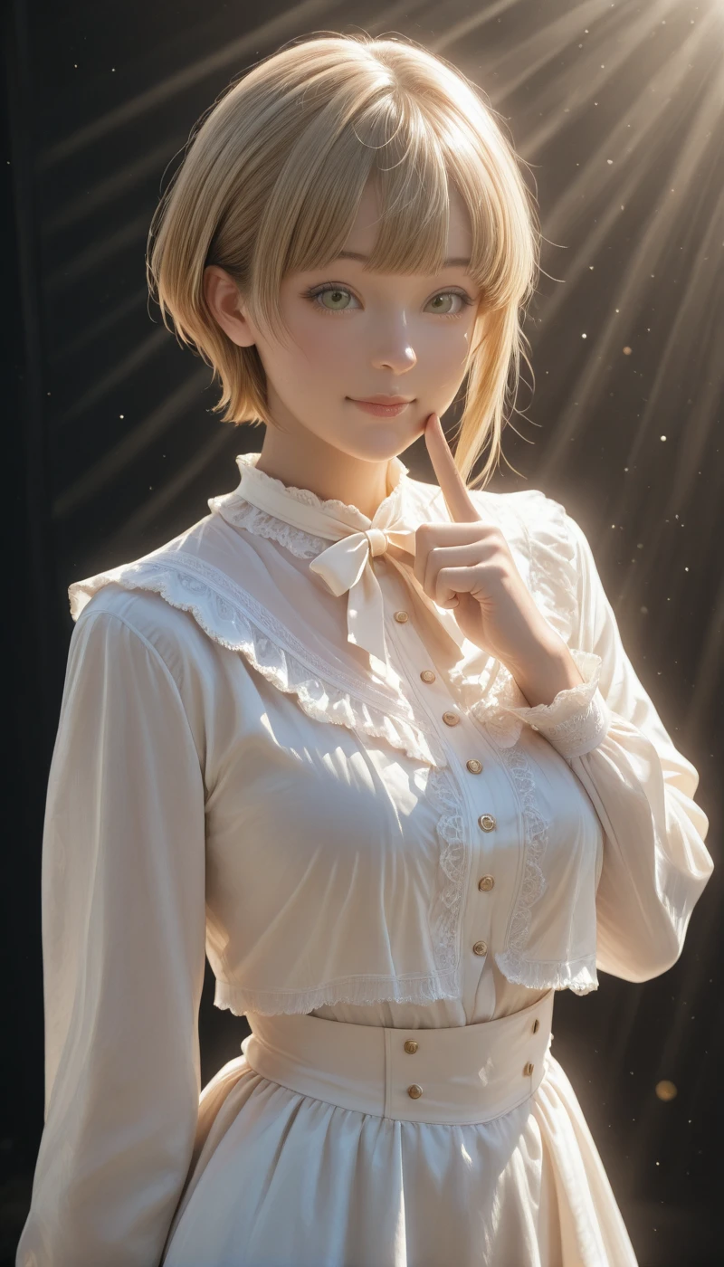 <lora:LCMTurboMix_Euler_A_fix:1> <lora:example_SDXL:0.3>, EZRealPONYXL, <lora:Dramatic Lighting Slider:3> <lora:anatomy_helper:0.75> <lora:realistic filter [IL]:0.8>
DSLR,realistic,cosplay photo, (very awa,masterpiece,best quality,year 2024,newest,absurdres,highres:1), realistic,skin texture,facial features, photography shot with Canon EOS 5D Mark IV , realistic, RAW, best quality, masterpiece, amazing quality, skin details,
1girl, highly detailed beautiful face, natural breasts,
detailed background, shiny skin, dutch angle,
beautiful detailed eyes, intricate details, absurdres, anime screencap,
<lora:MiyamotoFrederica_IdolMaster_ILXL_kill0825:1>
IMMiyaFred, 1girl, solo, looking at viewer, blush, smile, short hair, shirt, skirt, blonde hair, long sleeves, bow, ribbon, green eyes, jacket, white shirt, upper body, sidelocks, frills, parted lips, hand up, bowtie, blunt bangs, white dress, neck ribbon, buttons, white jacket, white skirt, black background, pointing, white ribbon, light particles, index finger raised, cropped jacket, frilled shirt collar, high-waist skirt, frilled shirt, light, white bowtie, frilled collar, pointing at self, center frills, finger to cheek
